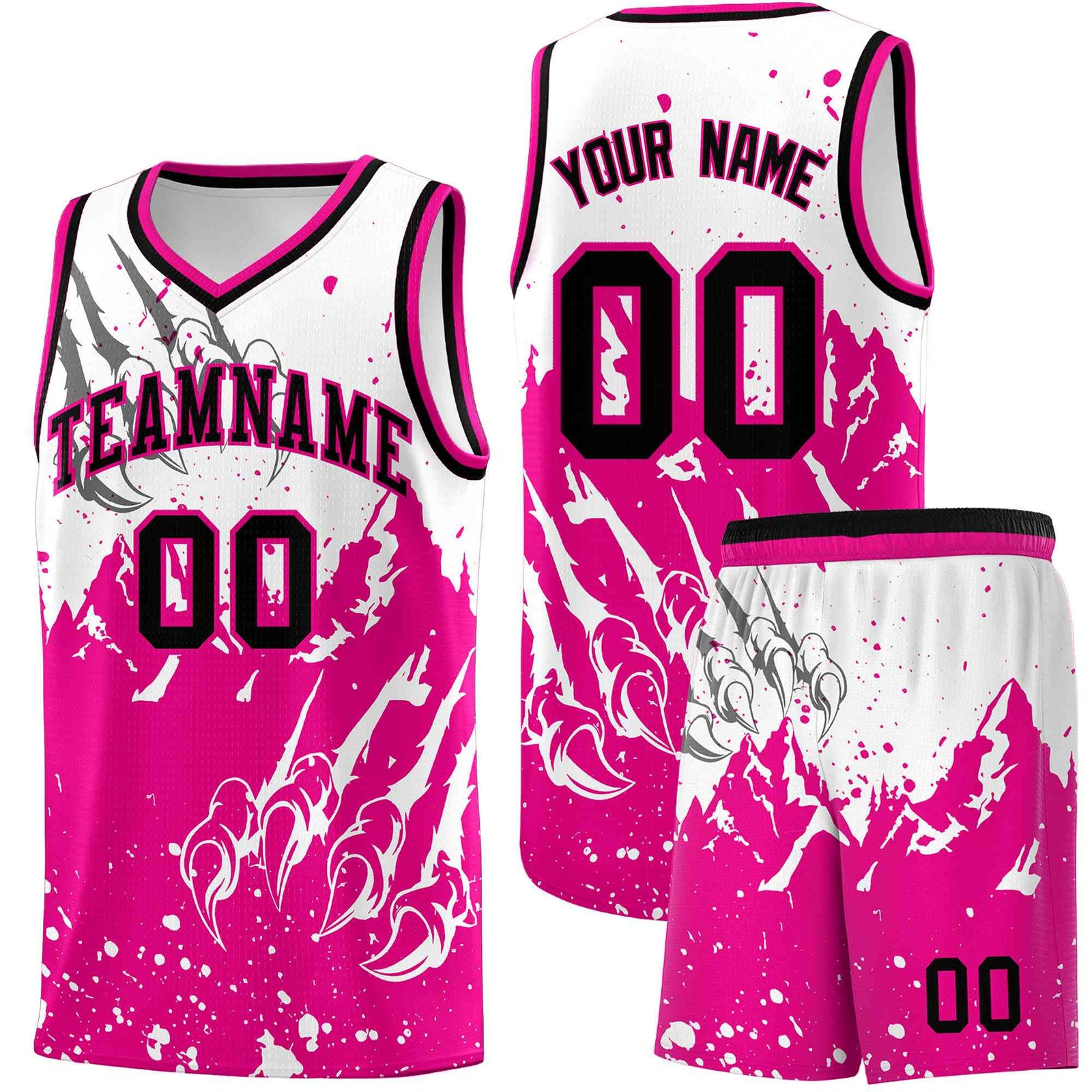 Custom White Pink Snow Mountain Beast Pattern Sports Uniform Basketball Jersey