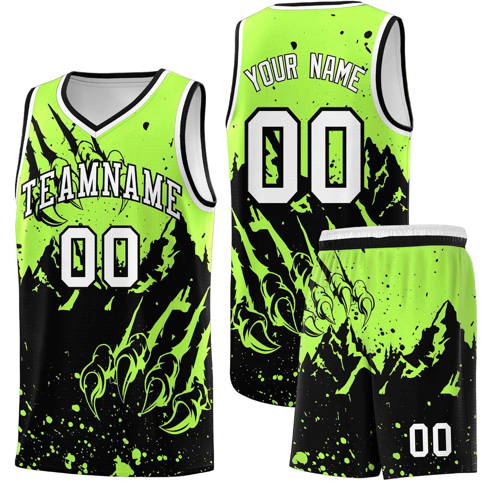 Custom Fluorescent Green Black Snow Mountain Beast Pattern Sports Uniform Basketball Jersey