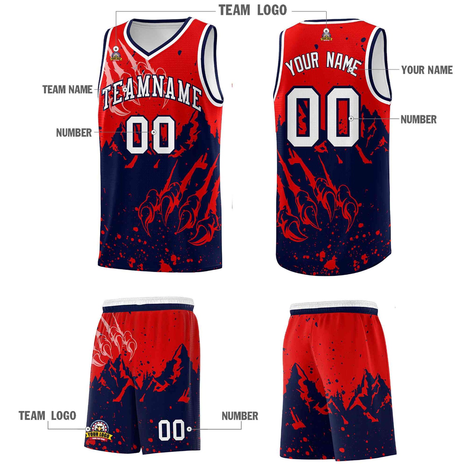 Custom Red Navy Snow Mountain Beast Pattern Sports Uniform Basketball Jersey