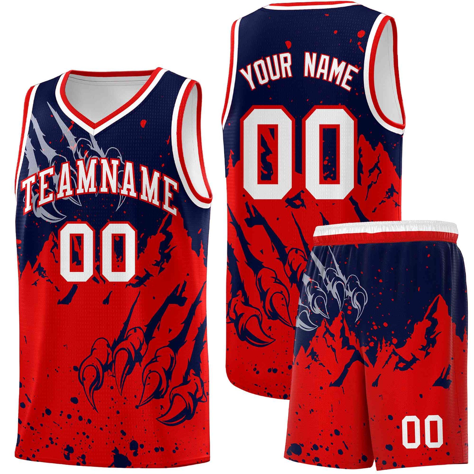 Custom Navy Red Snow Mountain Beast Pattern Sports Uniform Basketball Jersey