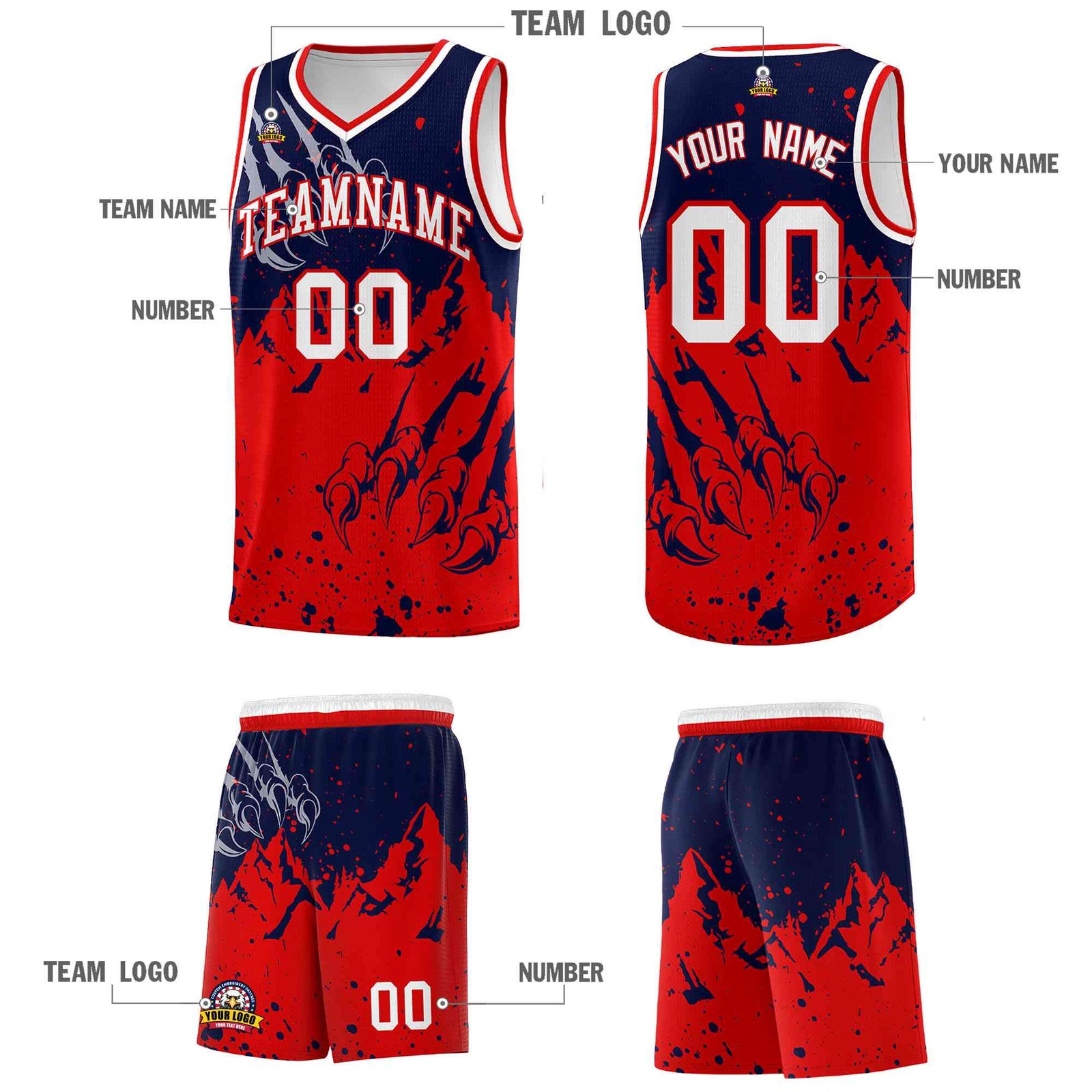 Custom Navy Red Snow Mountain Beast Pattern Sports Uniform Basketball Jersey