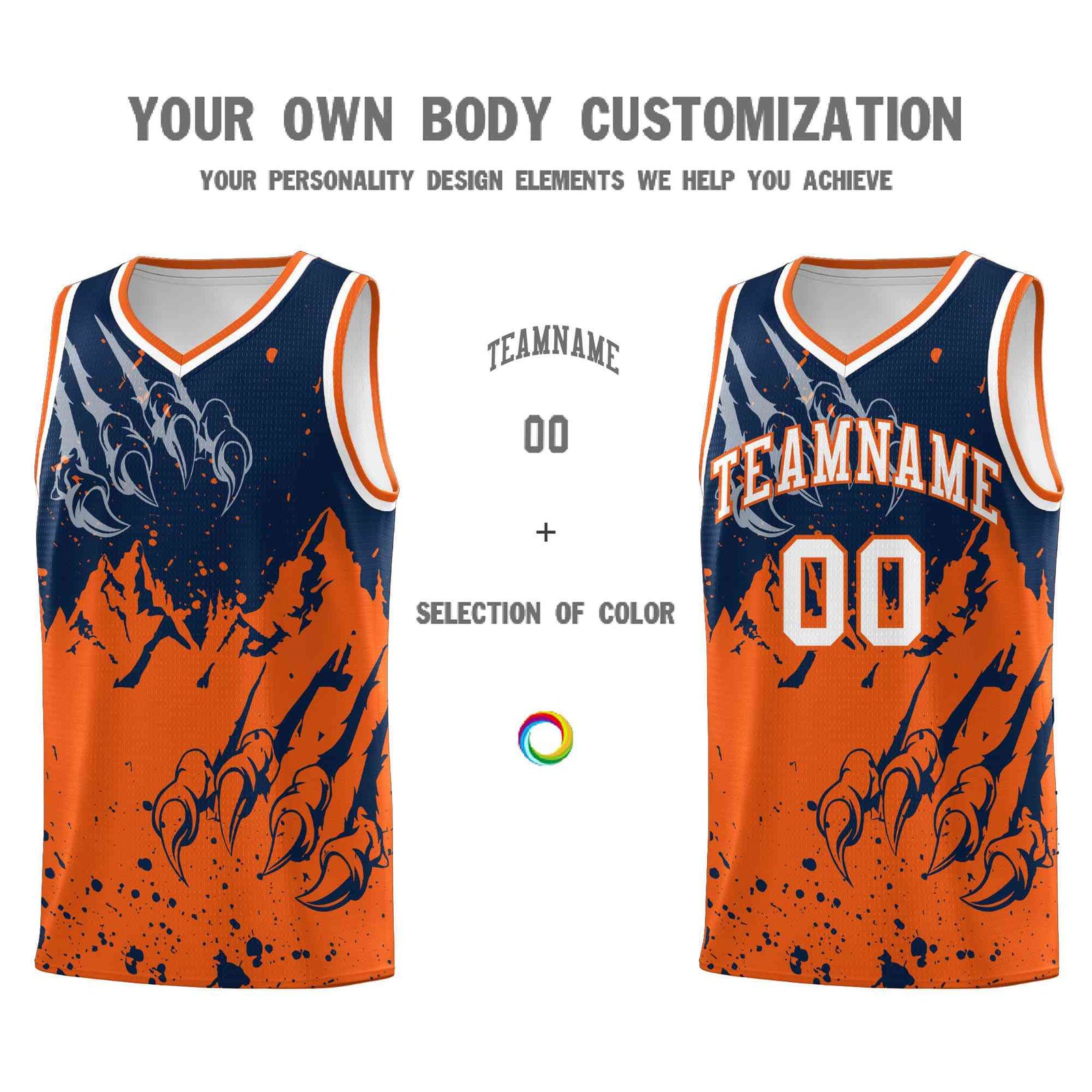 Custom Navy Orange Snow Mountain Beast Pattern Sports Uniform Basketball Jersey