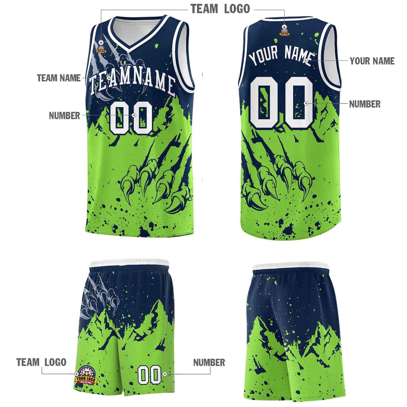 Custom Navy Fluorescent Green Snow Mountain Beast Pattern Sports Uniform Basketball Jersey