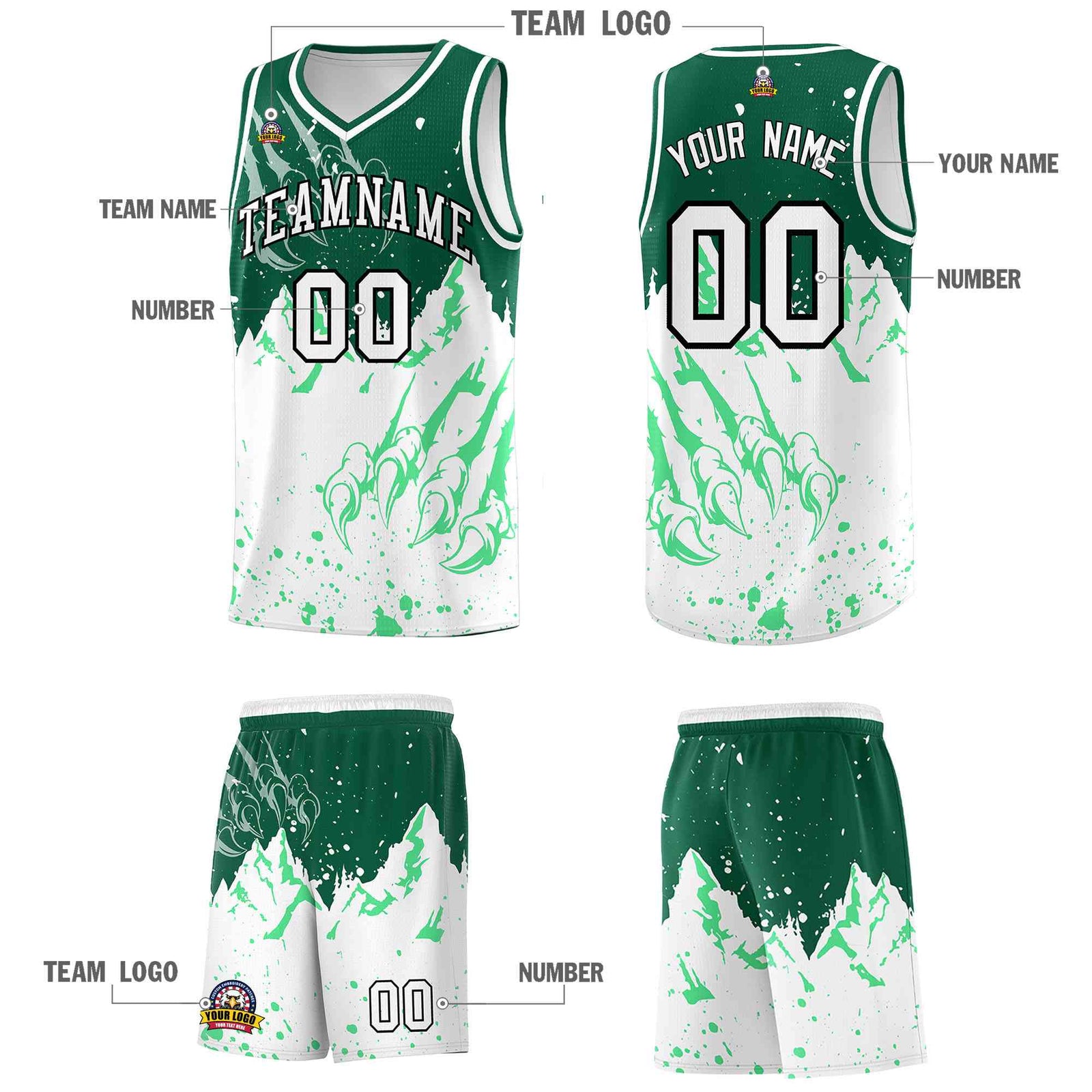 Custom Kelly Green White Snow Mountain Beast Pattern Sports Uniform Basketball Jersey