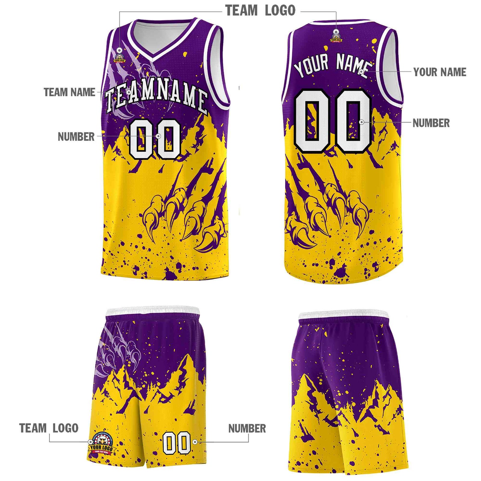 Custom Purple Gold Snow Mountain Beast Pattern Sports Uniform Basketball Jersey