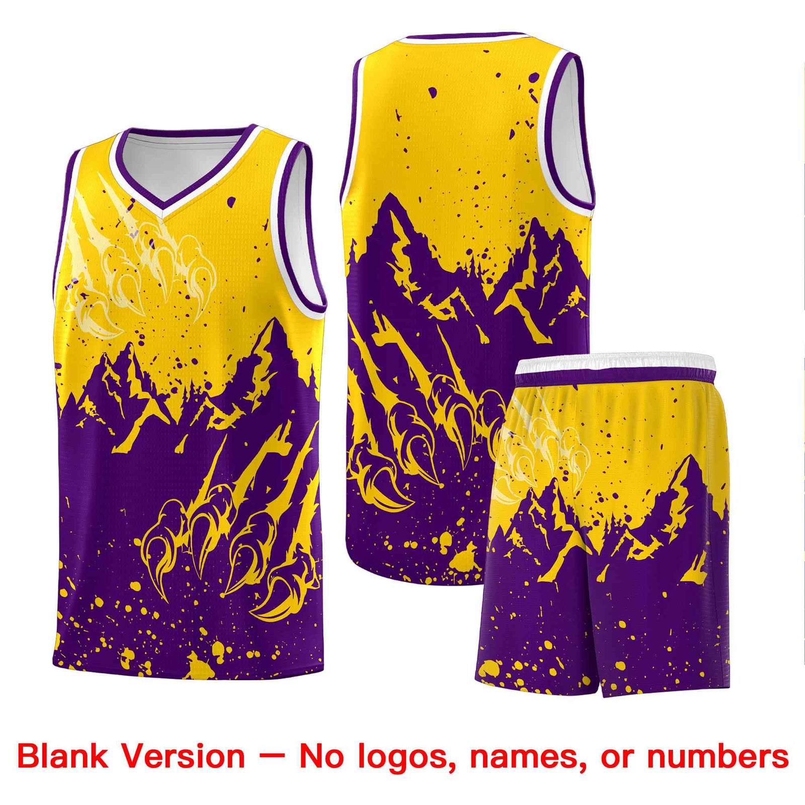 Custom Gold Purple Snow Mountain Beast Pattern Sports Uniform Basketball Jersey
