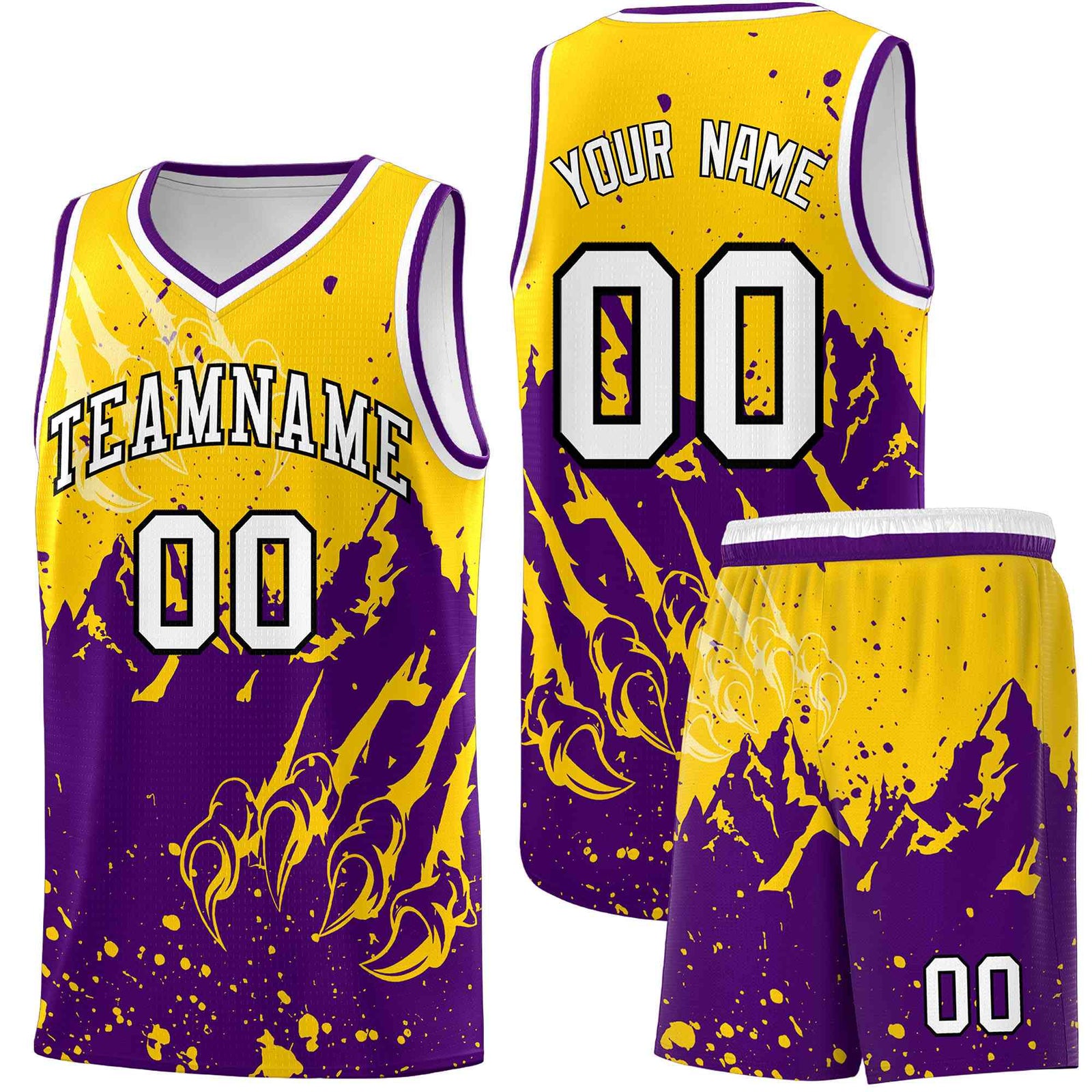 Custom Gold Purple Snow Mountain Beast Pattern Sports Uniform Basketball Jersey