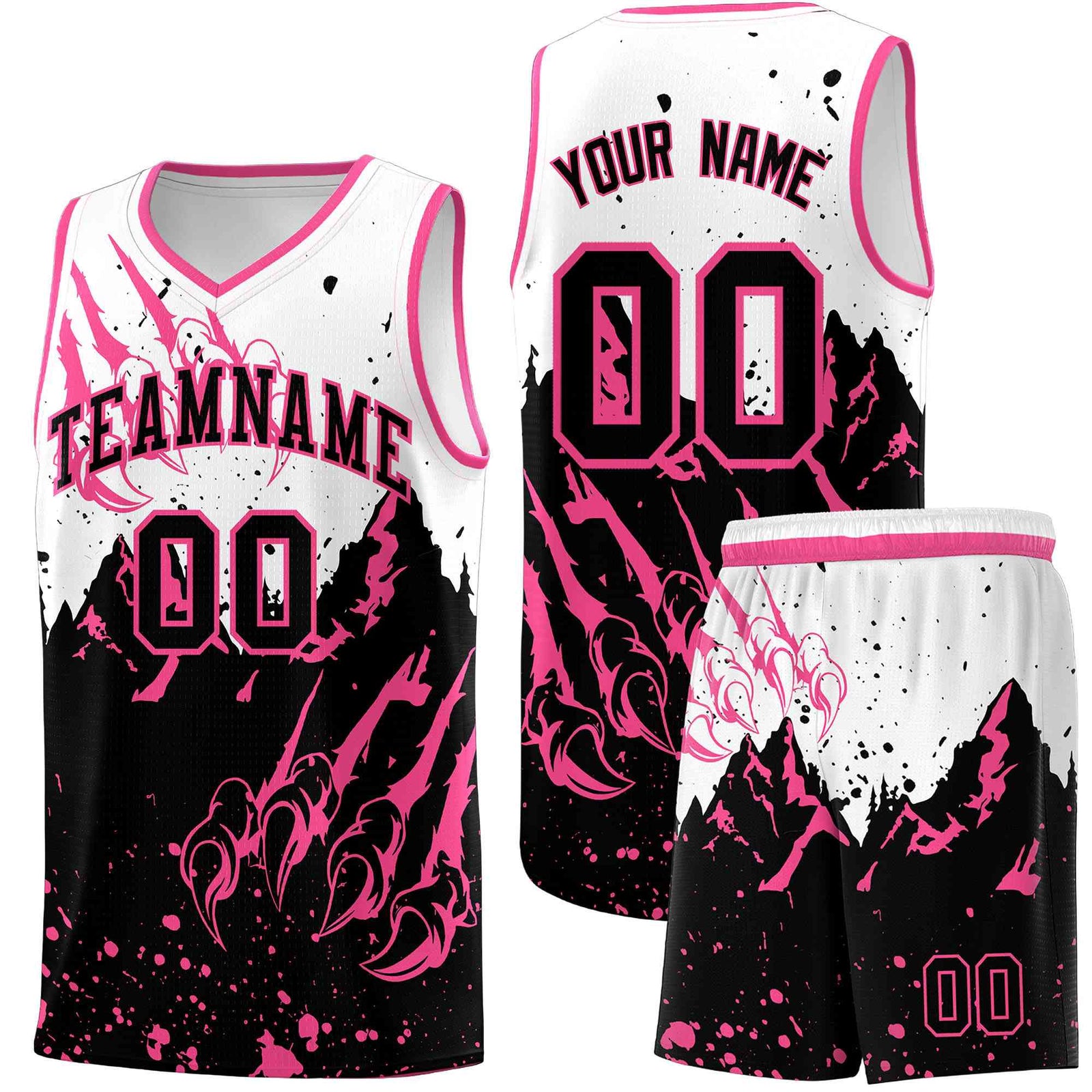 Custom White Pink Snow Mountain Beast Pattern Sports Uniform Basketball Jersey