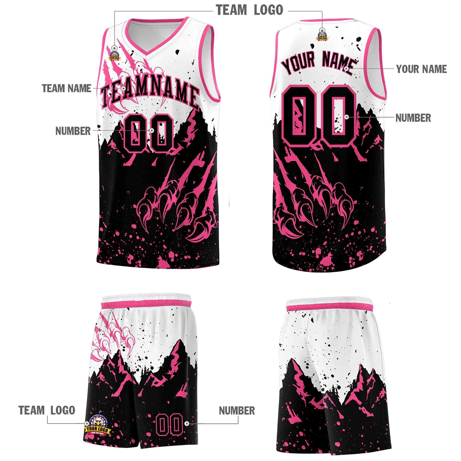 Custom White Pink Snow Mountain Beast Pattern Sports Uniform Basketball Jersey