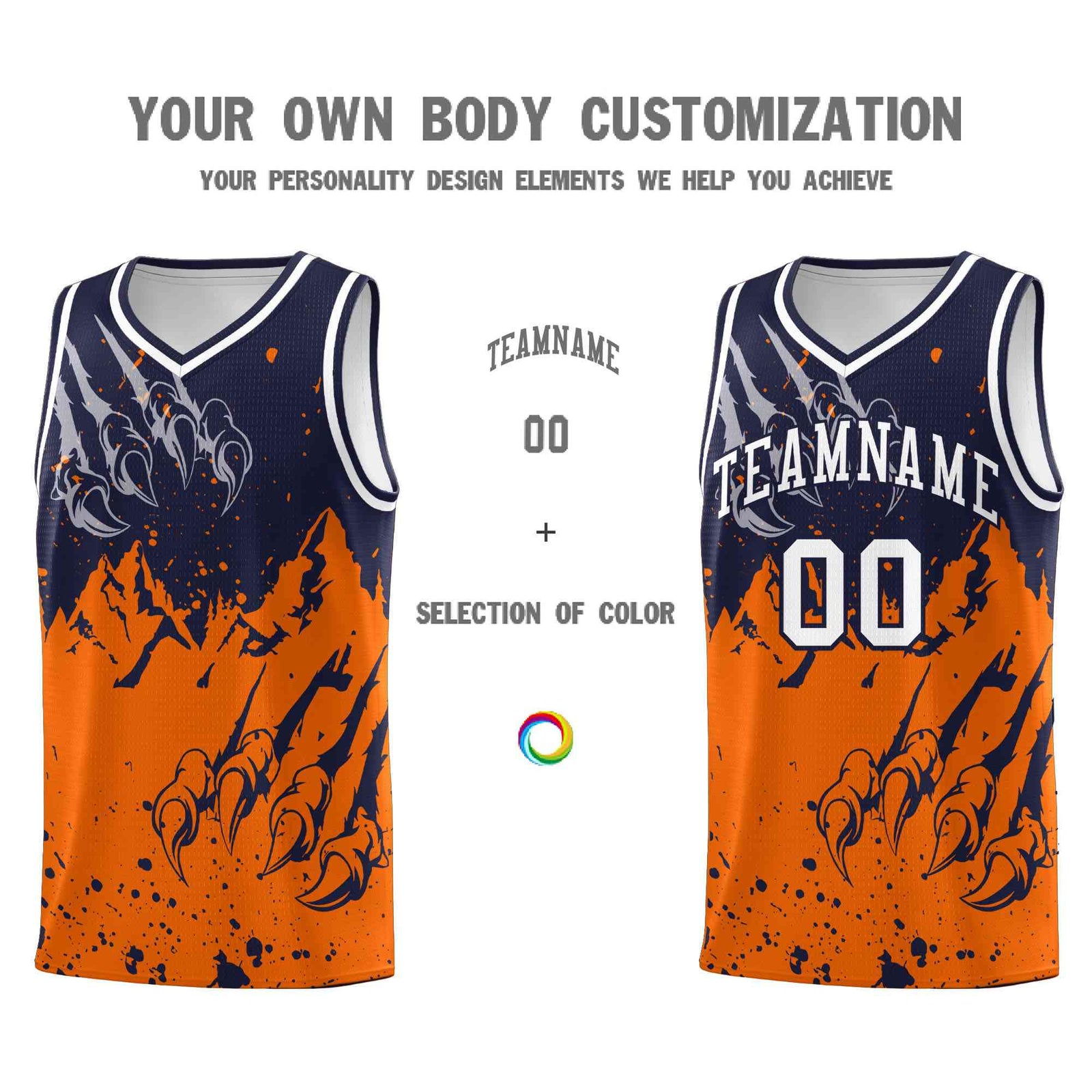 Custom Navy Orange Snow Mountain Beast Pattern Sports Uniform Basketball Jersey