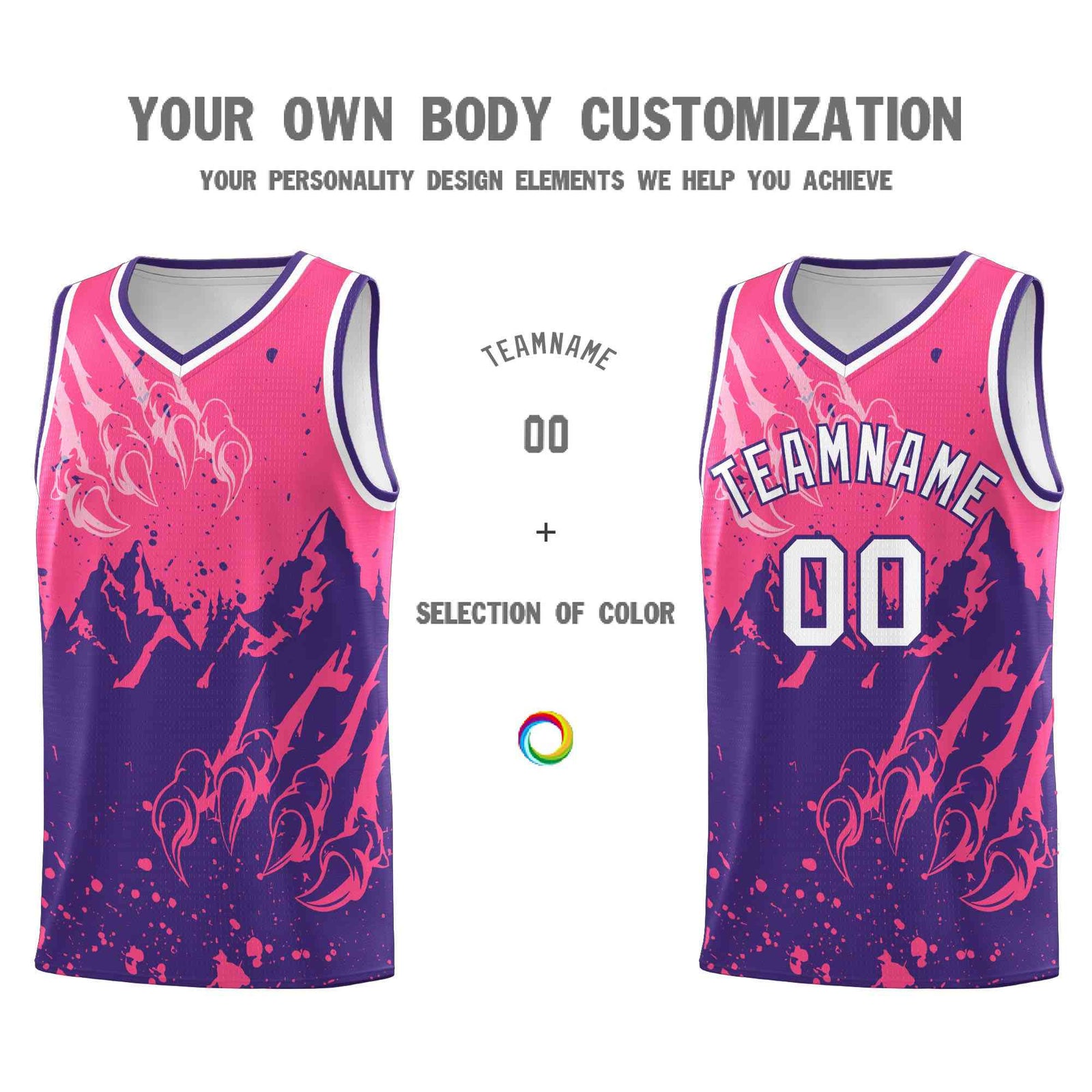 Custom Pink Purple Snow Mountain Beast Pattern Sports Uniform Basketball Jersey