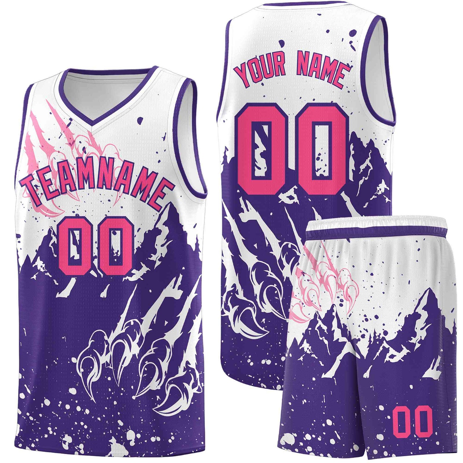 Custom White Purple Snow Mountain Beast Pattern Sports Uniform Basketball Jersey
