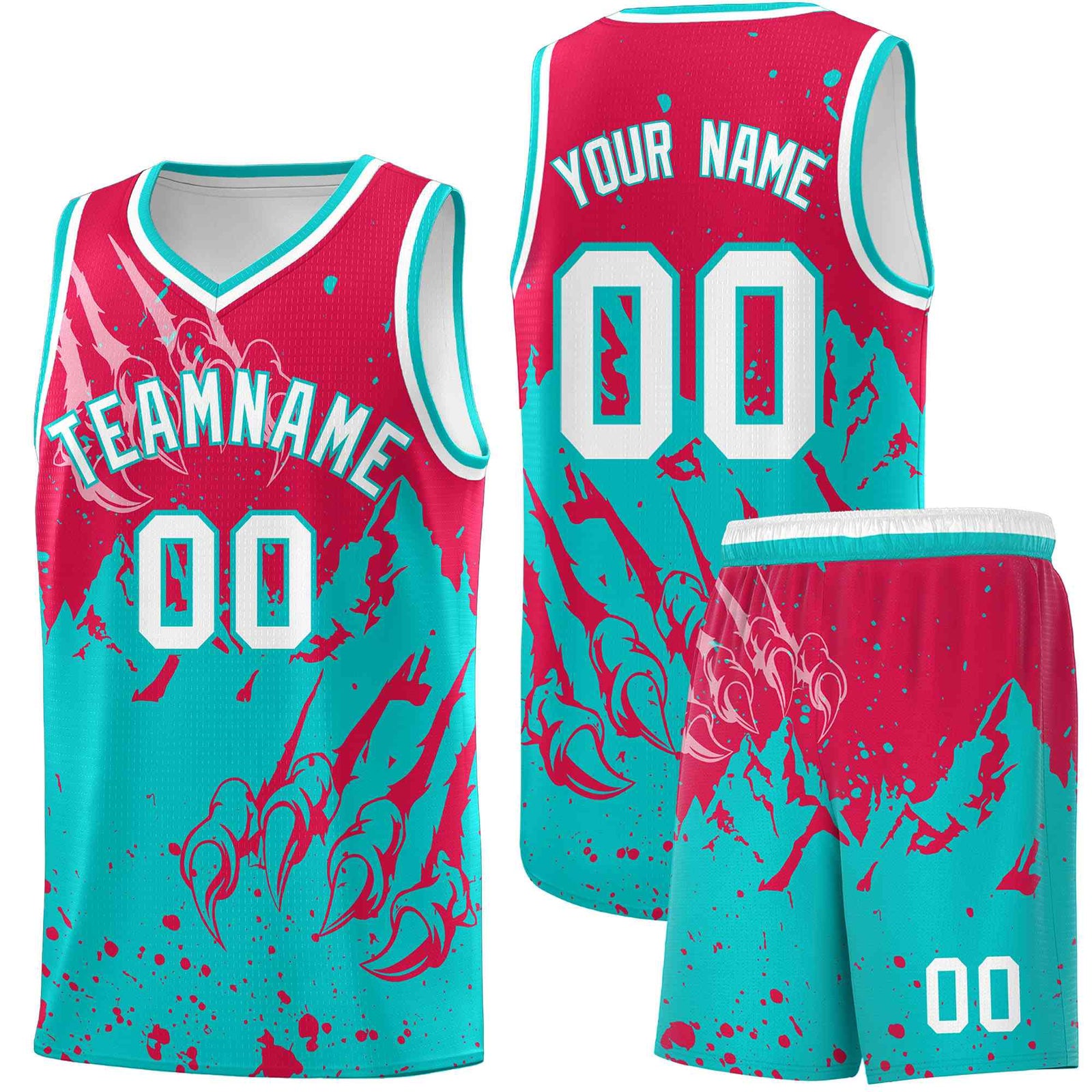 Custom Red Aqua Snow Mountain Beast Pattern Sports Uniform Basketball Jersey
