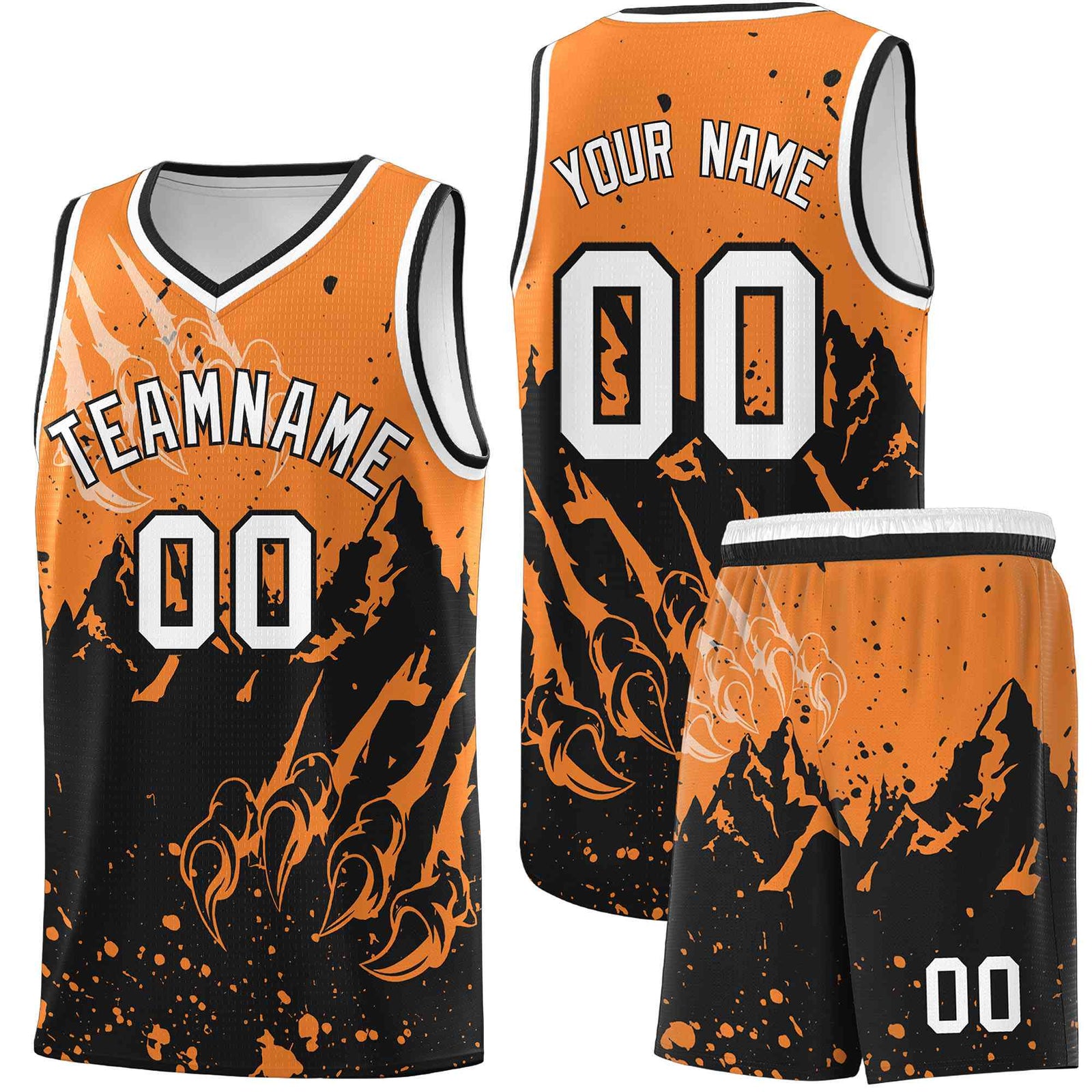 Custom Gold Orange Black Snow Mountain Beast Pattern Sports Uniform Basketball Jersey