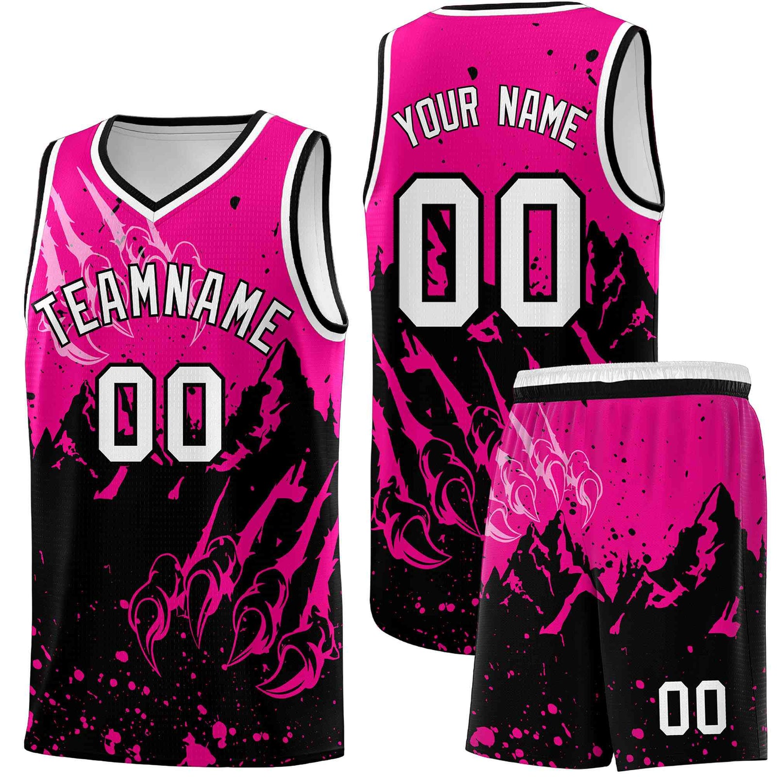 Custom Pink Black Snow Mountain Beast Pattern Sports Uniform Basketball Jersey