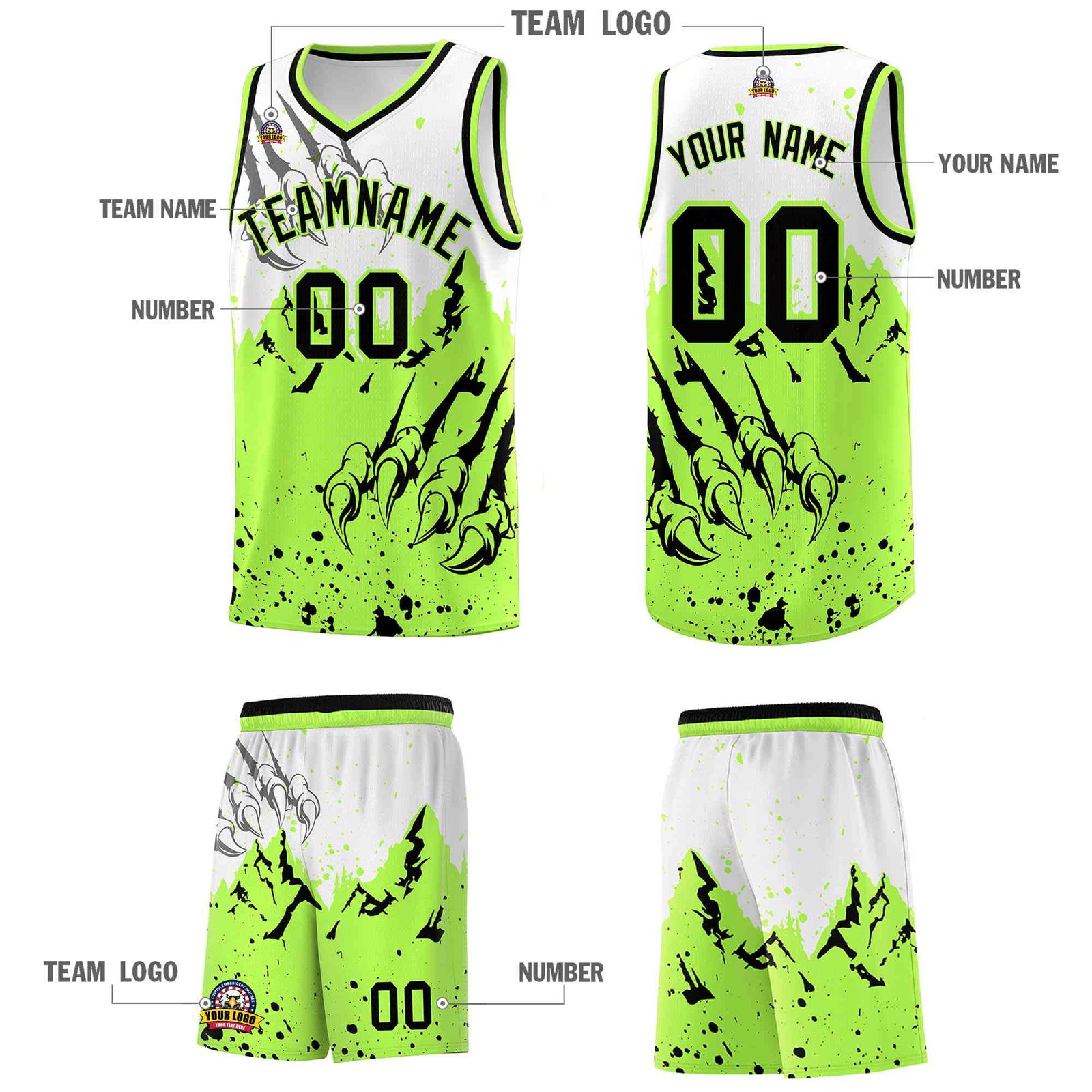 Custom White Fluorescent Green Snow Mountain Beast Pattern Sports Uniform Basketball Jersey
