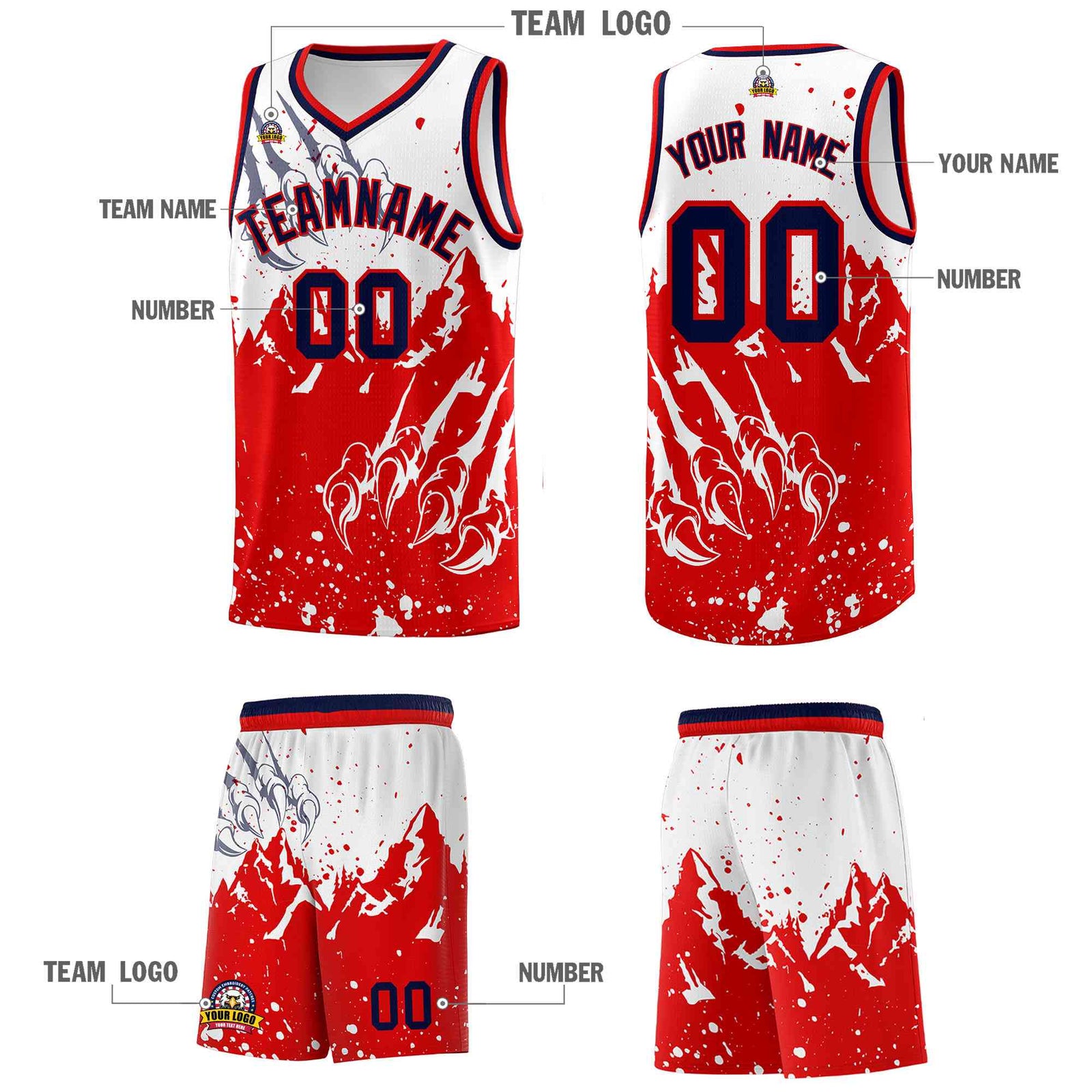 Custom White Red Snow Mountain Beast Pattern Sports Uniform Basketball Jersey