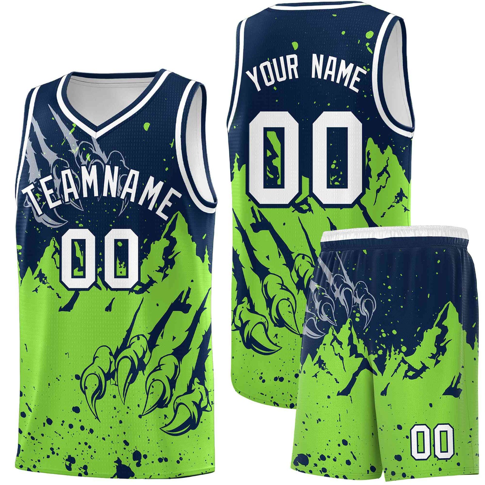 Custom Navy Fluorescent Green Snow Mountain Beast Pattern Sports Uniform Basketball Jersey