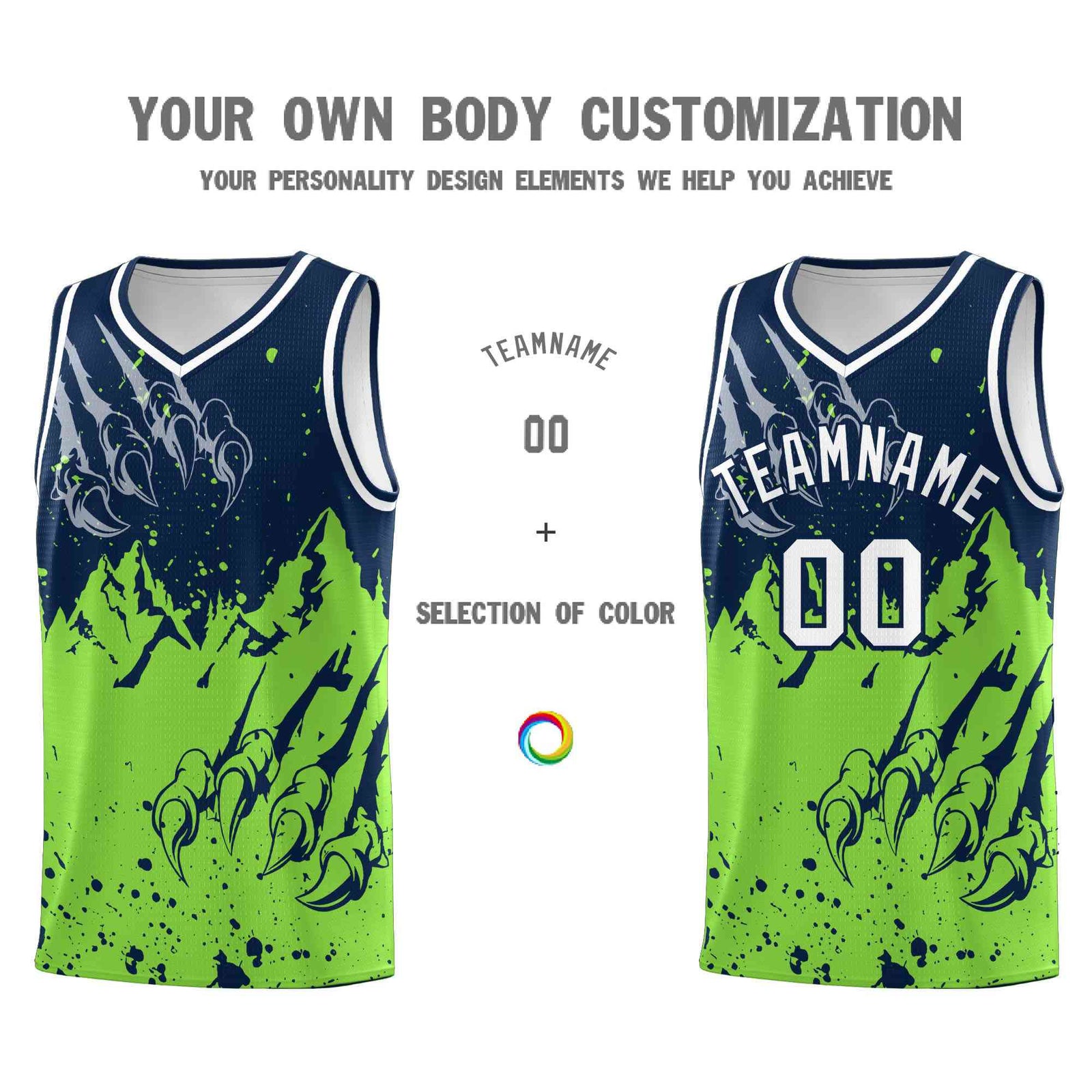 Custom Navy Fluorescent Green Snow Mountain Beast Pattern Sports Uniform Basketball Jersey
