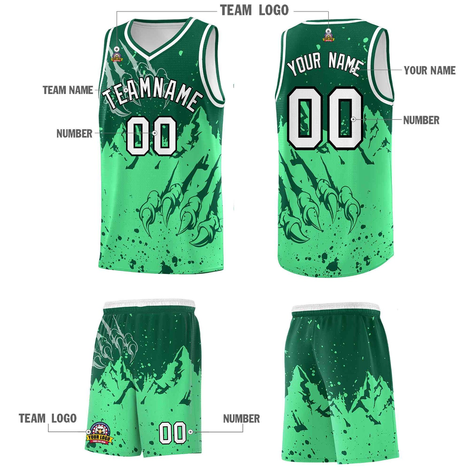 Custom Kelly Green Green Snow Mountain Beast Pattern Sports Uniform Basketball Jersey