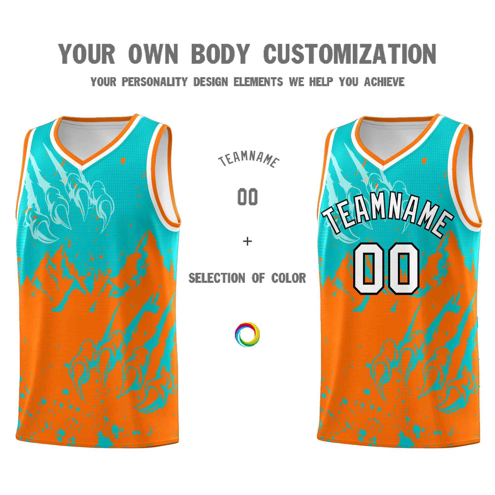 Custom Aqua Orange Snow Mountain Beast Pattern Sports Uniform Basketball Jersey