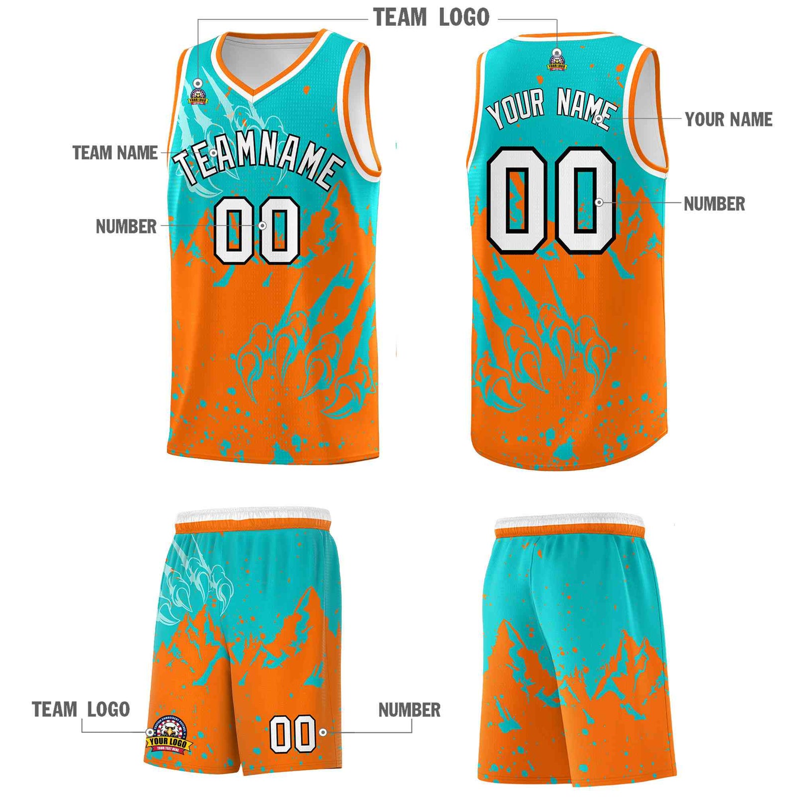 Custom Aqua Orange Snow Mountain Beast Pattern Sports Uniform Basketball Jersey