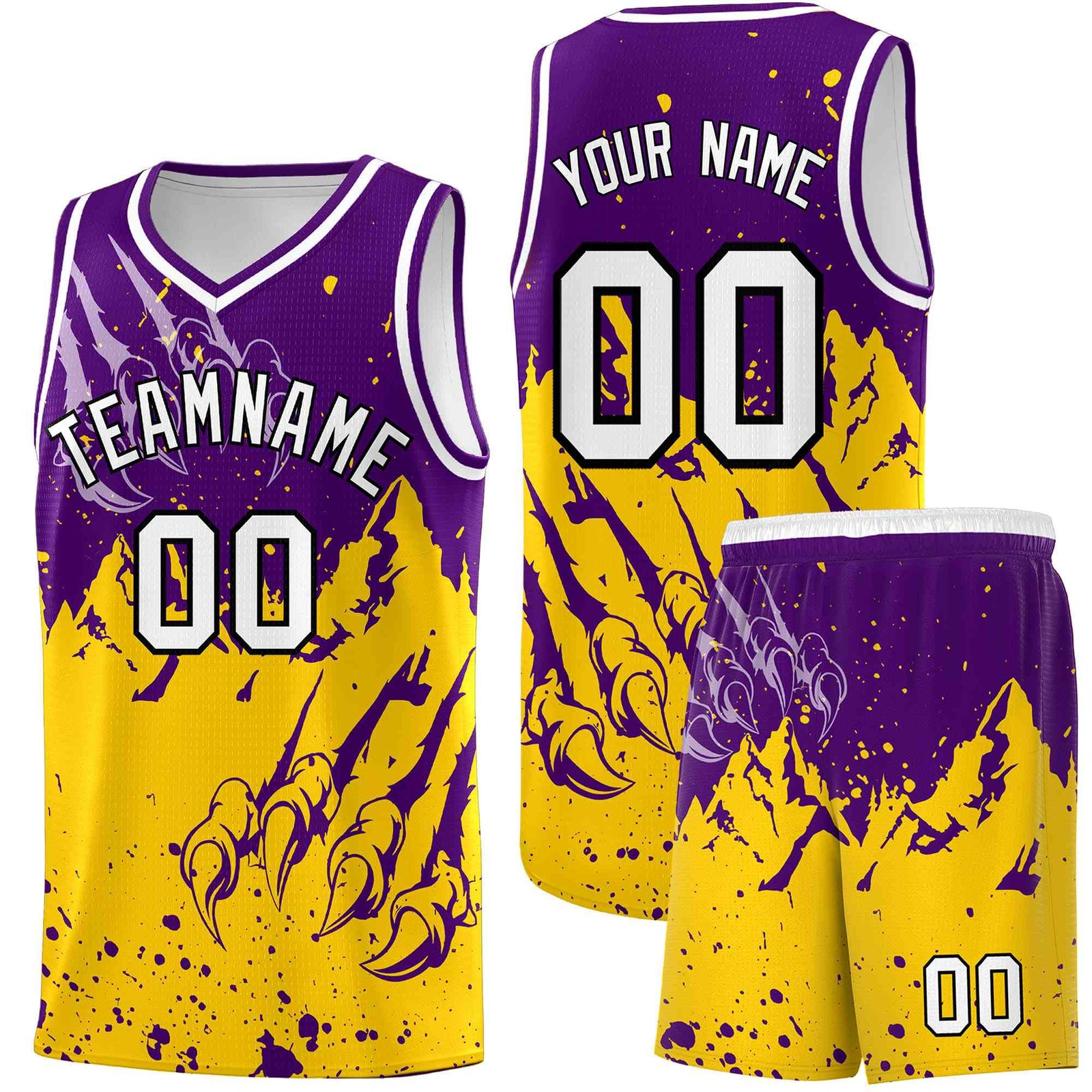 Custom Purple Gold Snow Mountain Beast Pattern Sports Uniform Basketball Jersey
