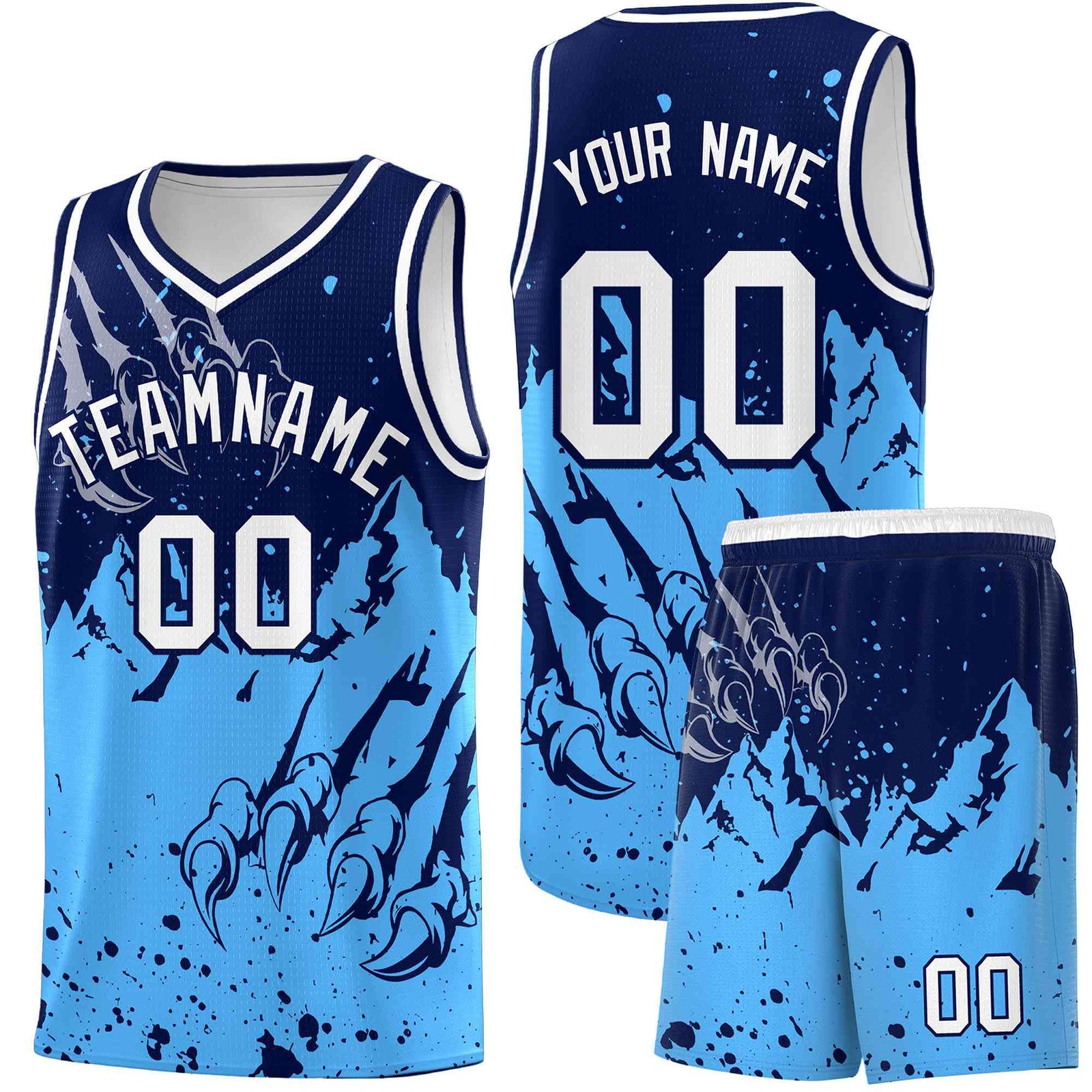 Custom Navy Powder Blue Snow Mountain Beast Pattern Sports Uniform Basketball Jersey