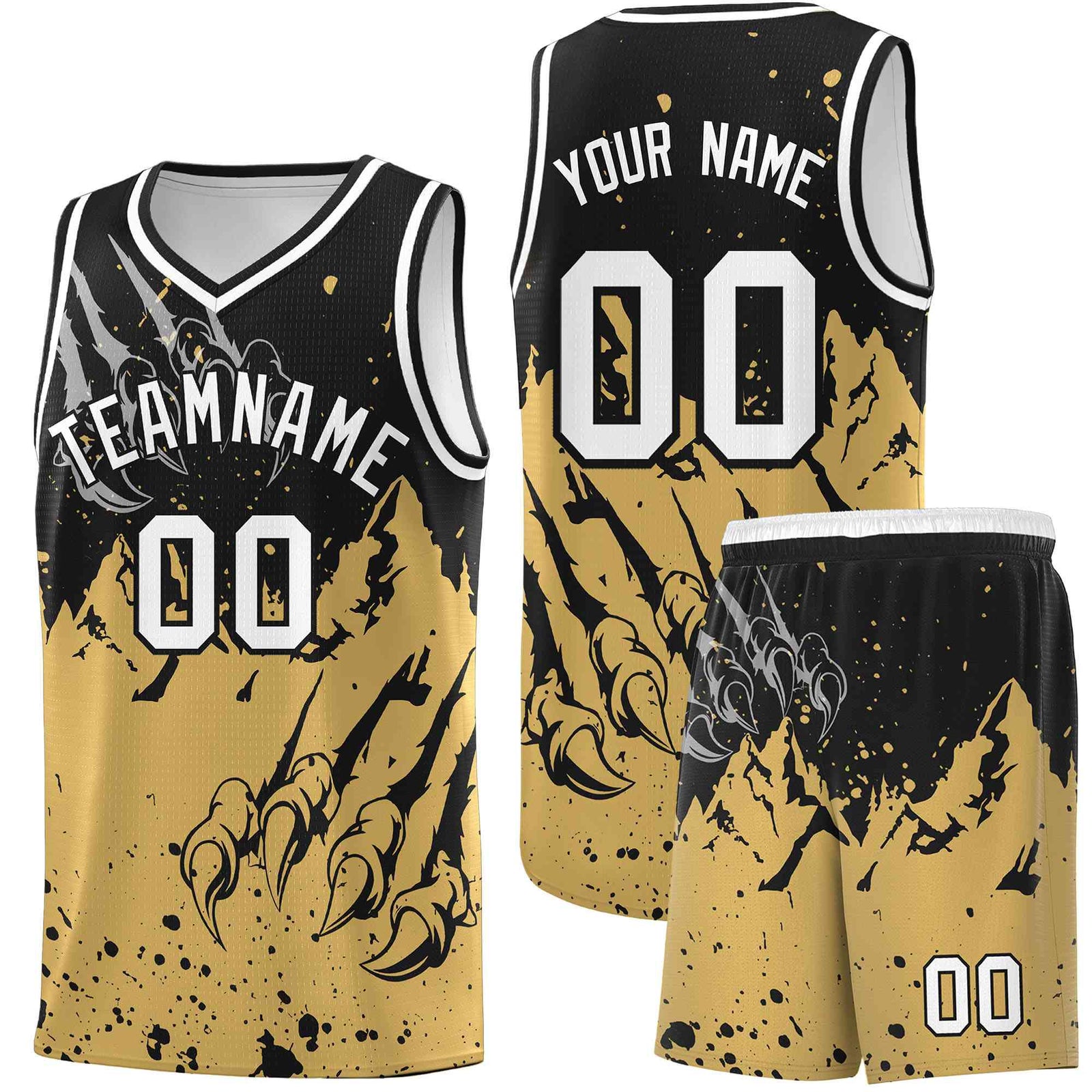 Custom Black Old Gold Snow Mountain Beast Pattern Sports Uniform Basketball Jersey