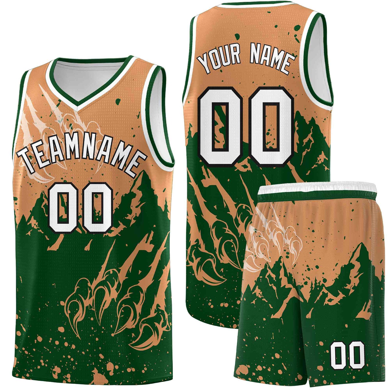 Custom Buckskin Brown Green Snow Mountain Beast Pattern Sports Uniform Basketball Jersey