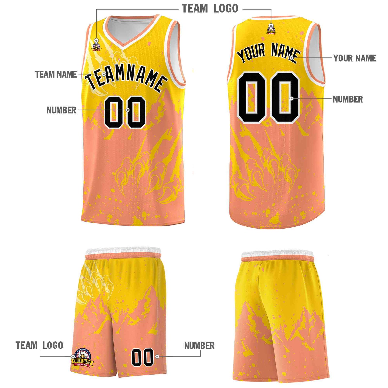 Custom Gold Light Orange Snow Mountain Beast Pattern Sports Uniform Basketball Jersey