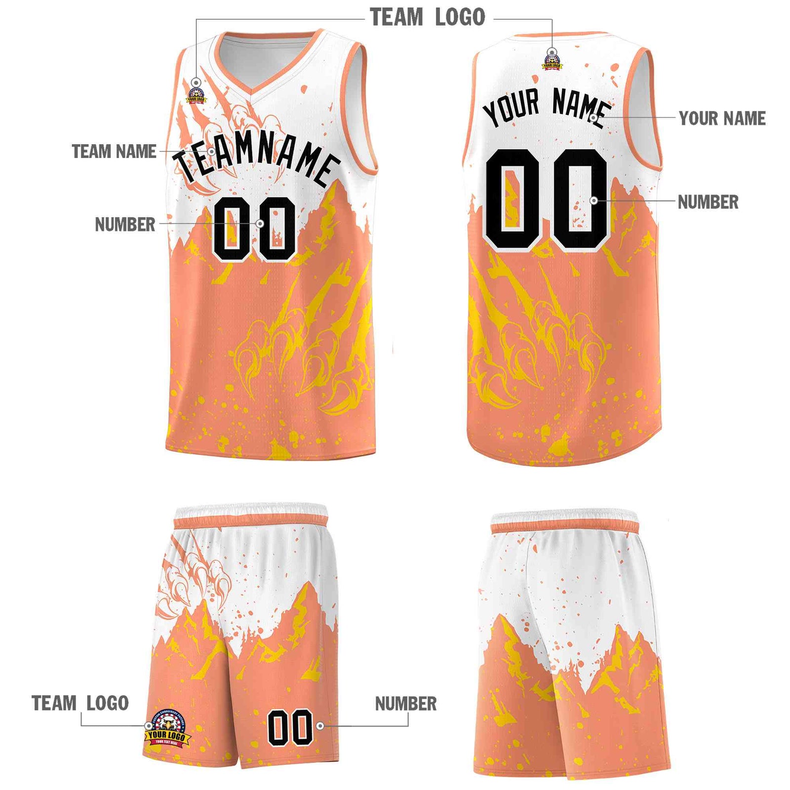 Custom White Light Orange Snow Mountain Beast Pattern Sports Uniform Basketball Jersey