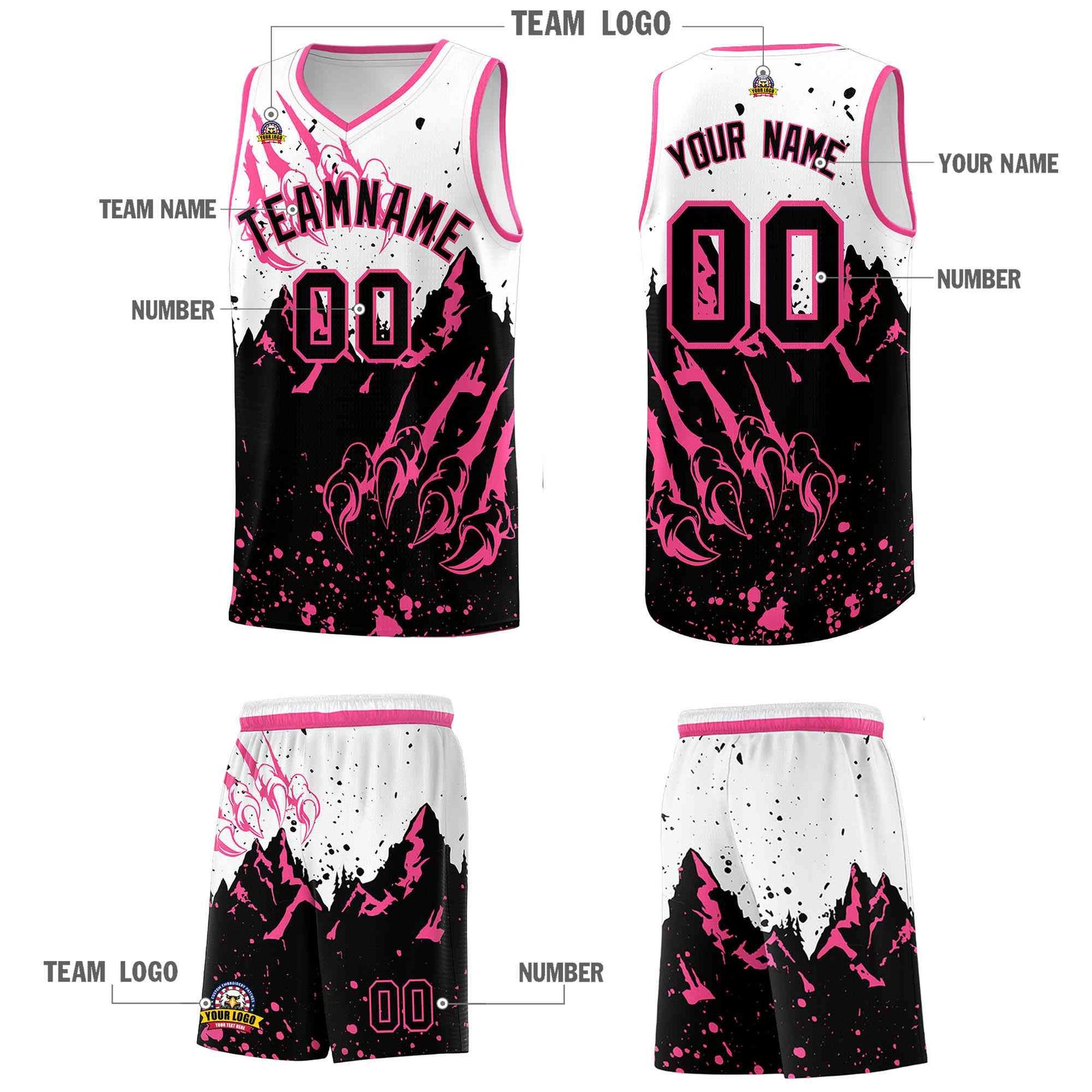 Custom White Pink Snow Mountain Beast Pattern Sports Uniform Basketball Jersey