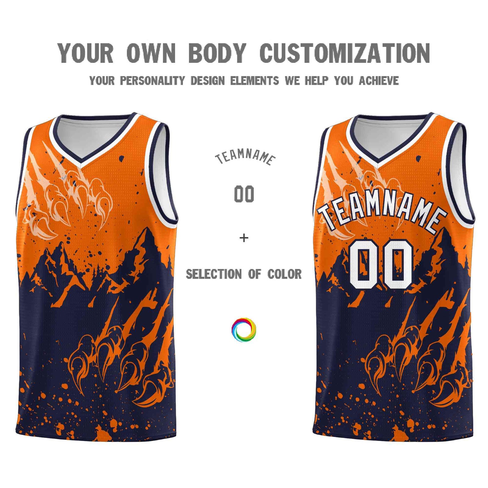 Custom Orange Navy Snow Mountain Beast Pattern Sports Uniform Basketball Jersey