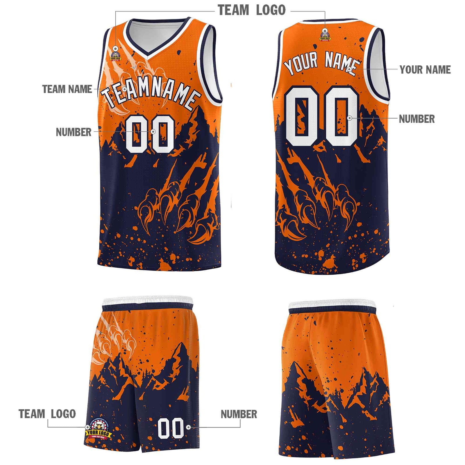 Custom Orange Navy Snow Mountain Beast Pattern Sports Uniform Basketball Jersey