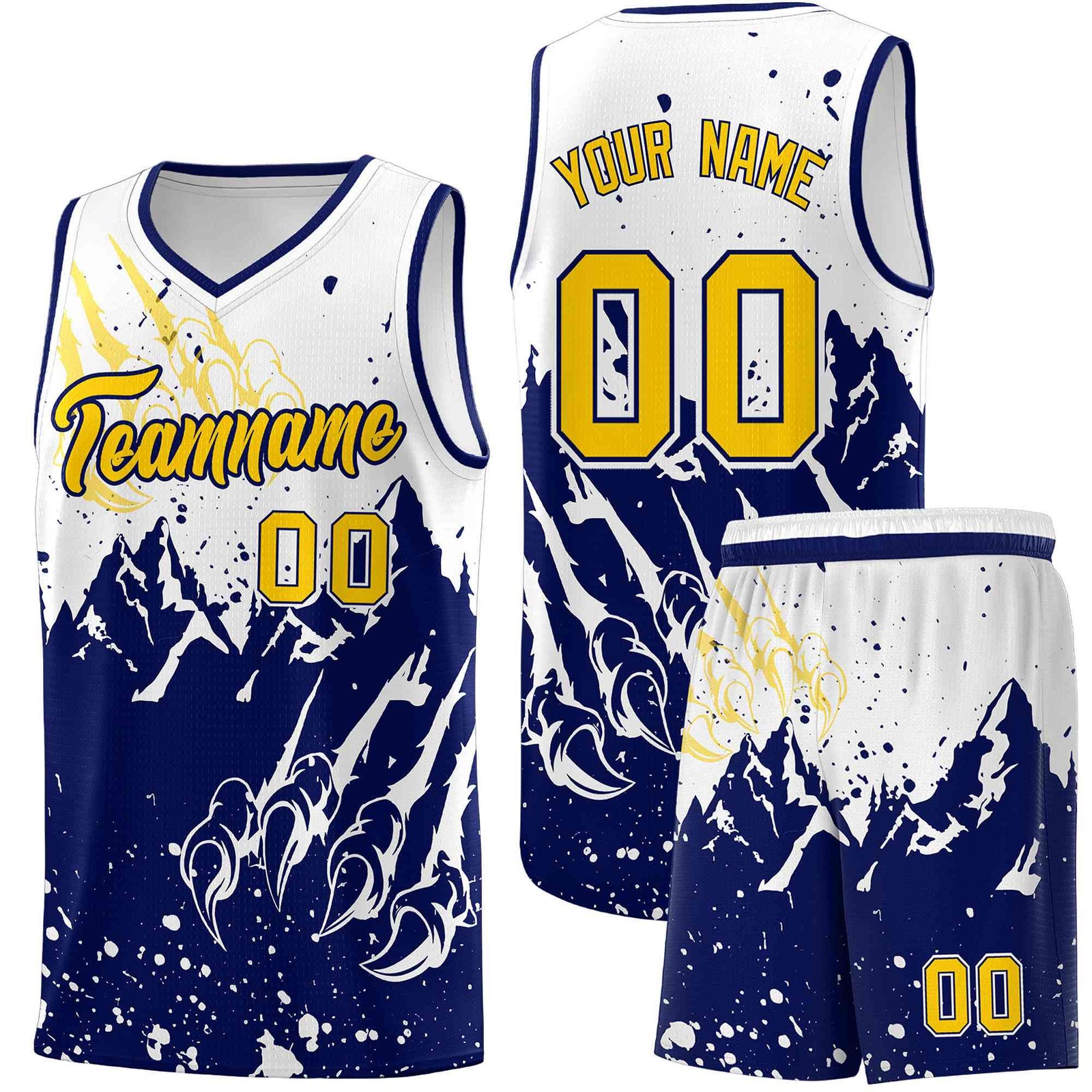 Custom White Navy Snow Mountain Beast Pattern Sports Uniform Basketball Jersey