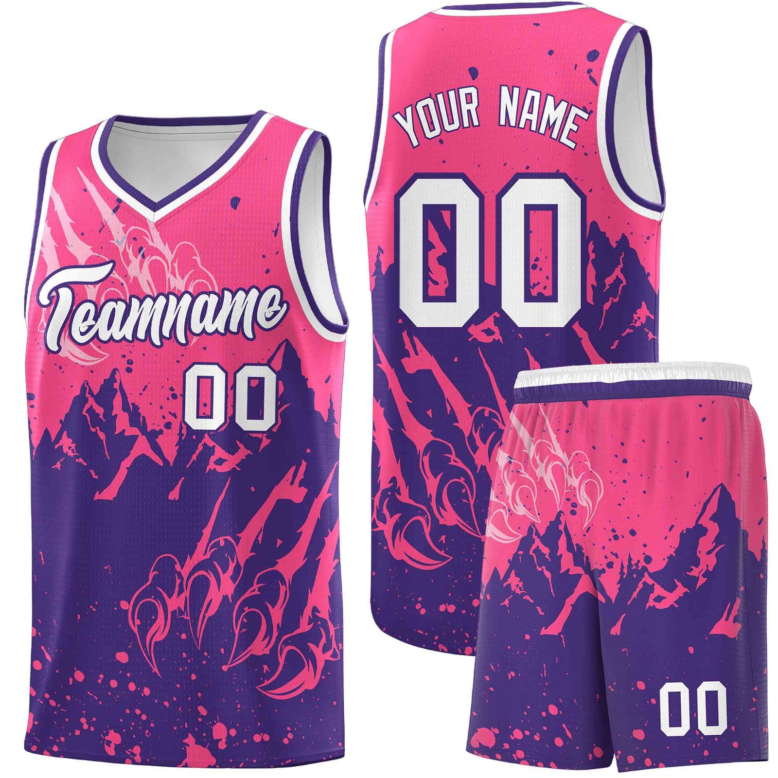 Custom Pink Purple Snow Mountain Beast Pattern Sports Uniform Basketball Jersey