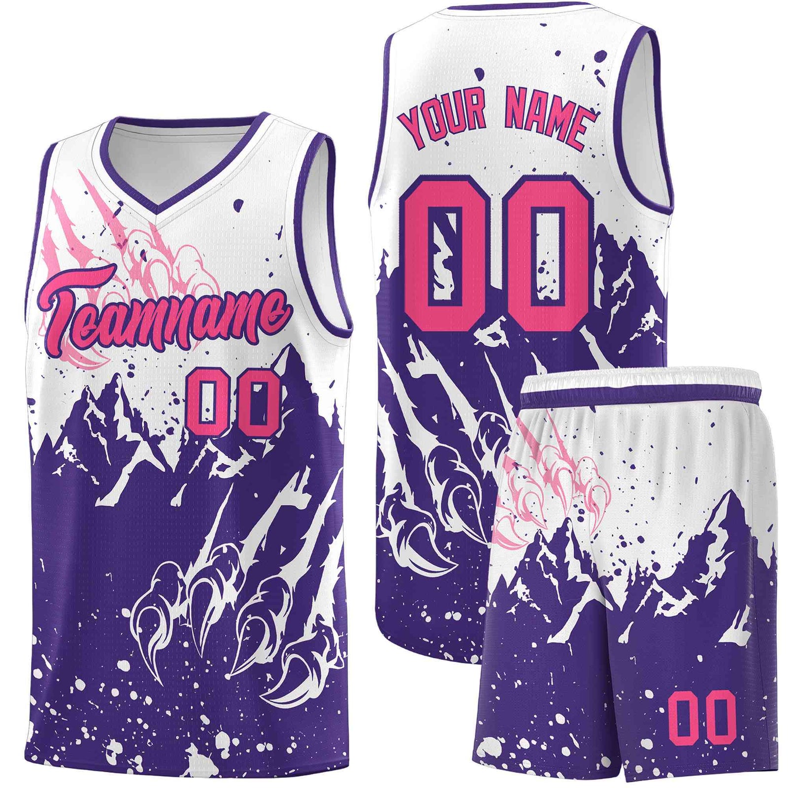 Custom White Purple Snow Mountain Beast Pattern Sports Uniform Basketball Jersey