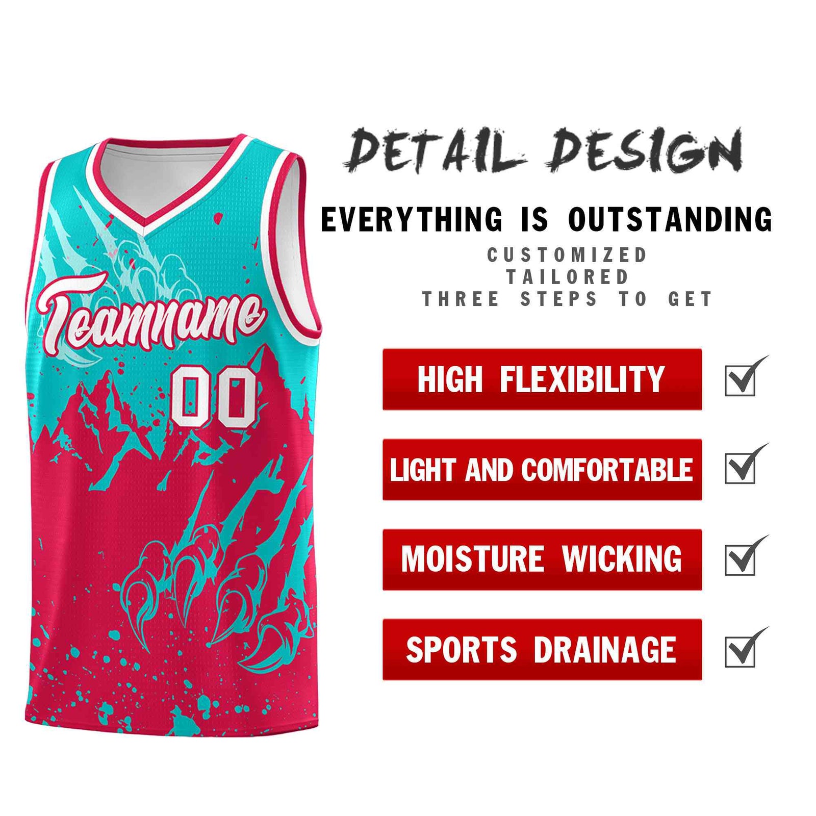 Custom Aqua Red Snow Mountain Beast Pattern Sports Uniform Basketball Jersey