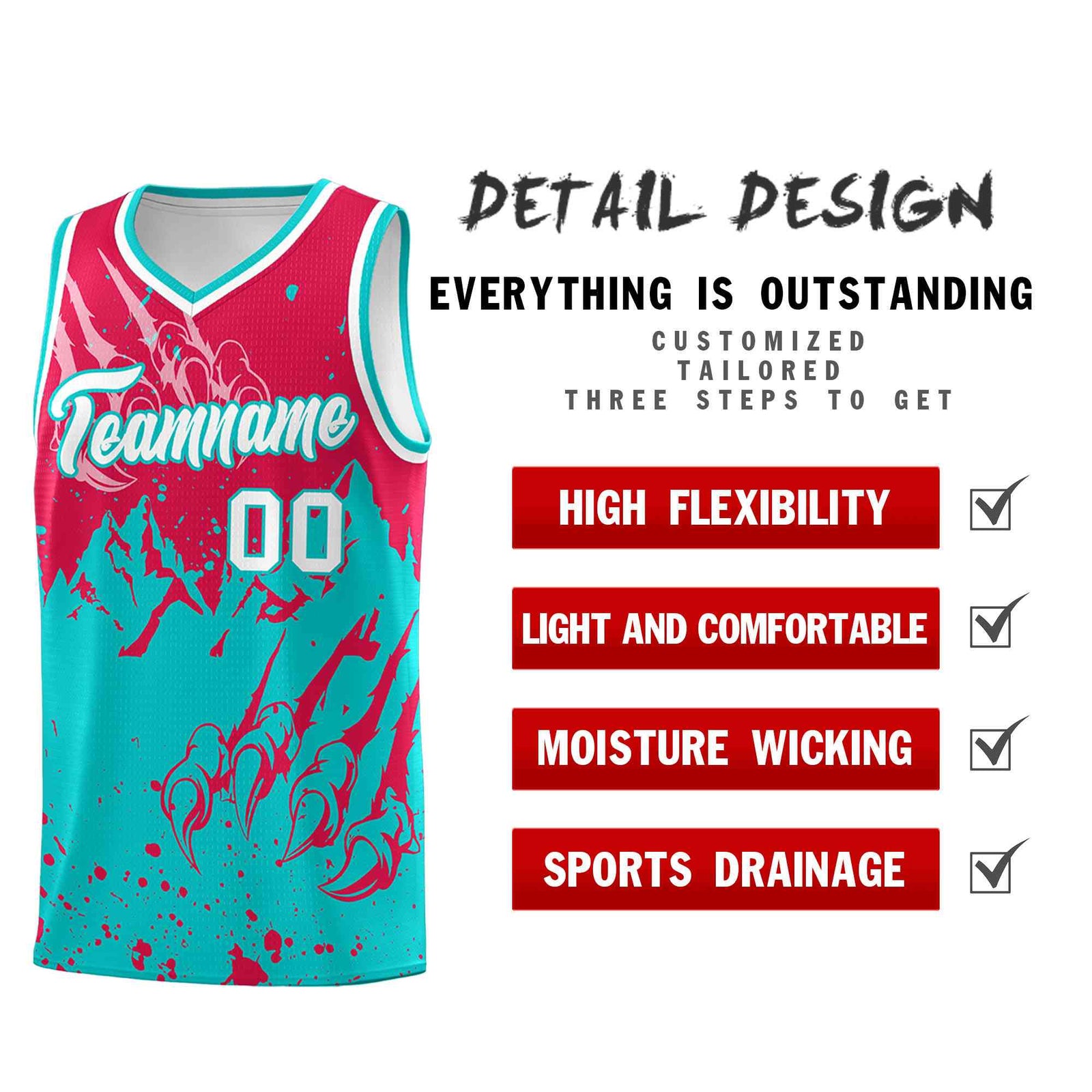 Custom Red Aqua Snow Mountain Beast Pattern Sports Uniform Basketball Jersey