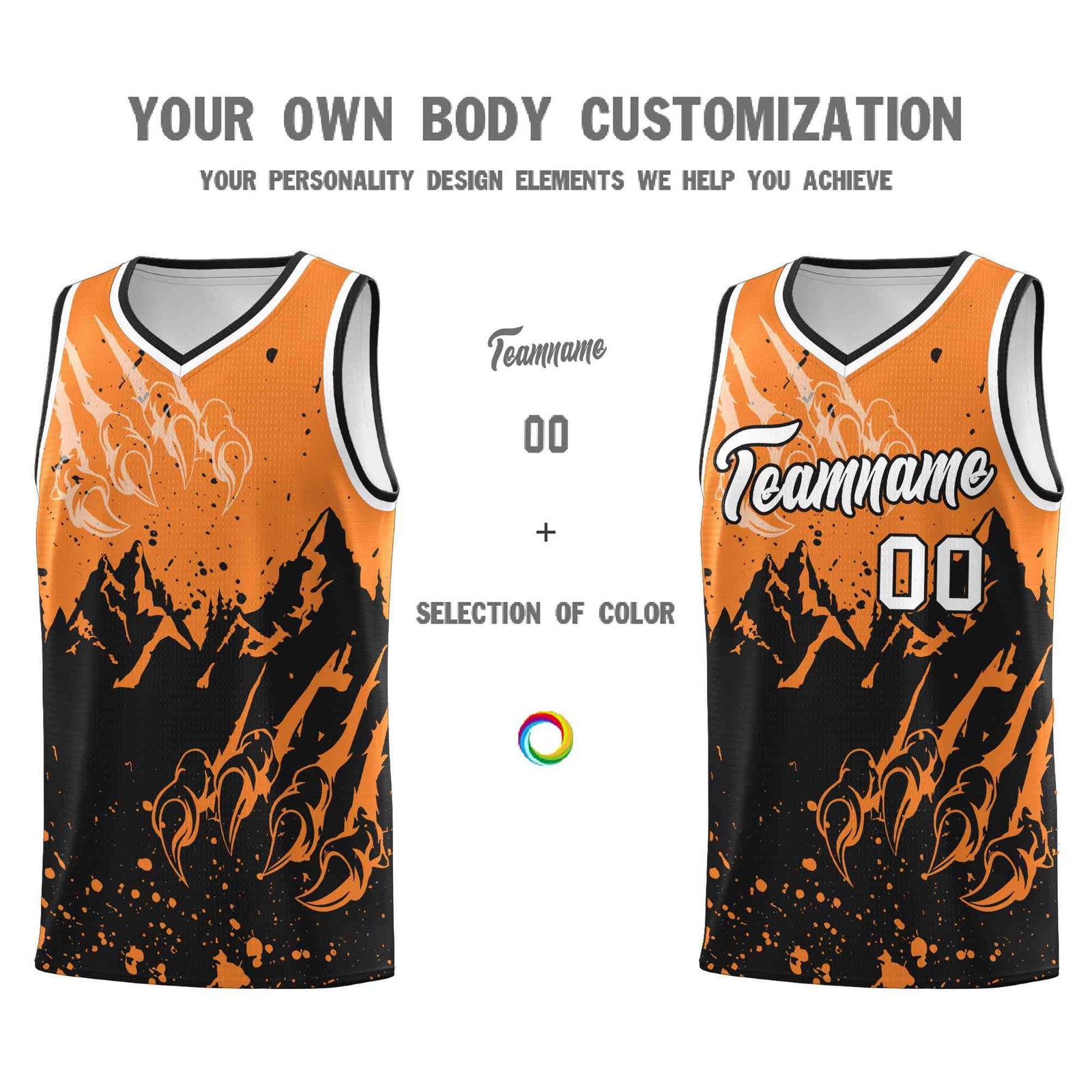 Custom Gold Orange Black Snow Mountain Beast Pattern Sports Uniform Basketball Jersey