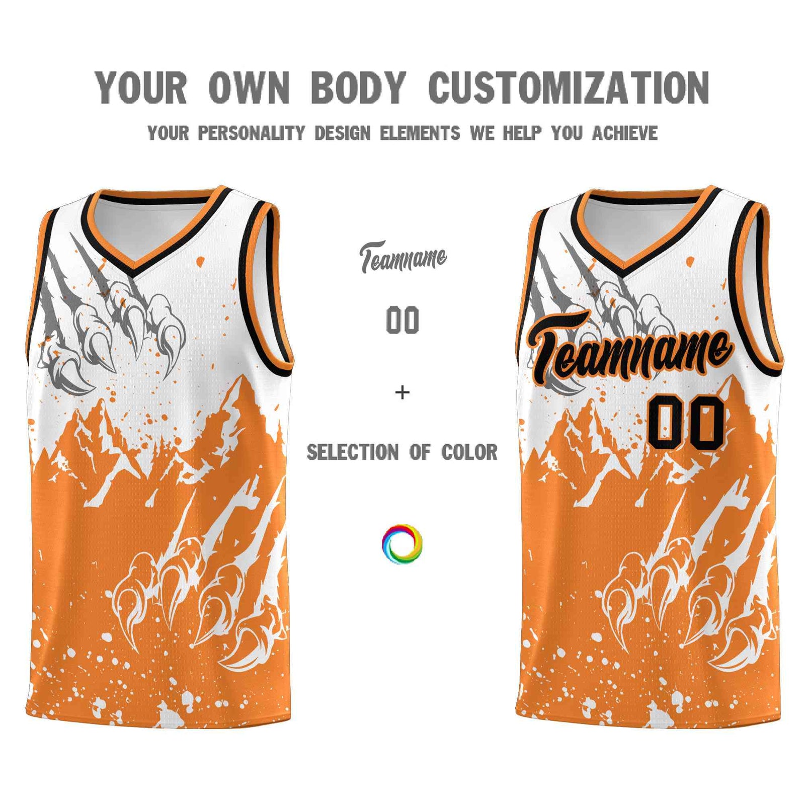 Custom White Gold Orange Snow Mountain Beast Pattern Sports Uniform Basketball Jersey