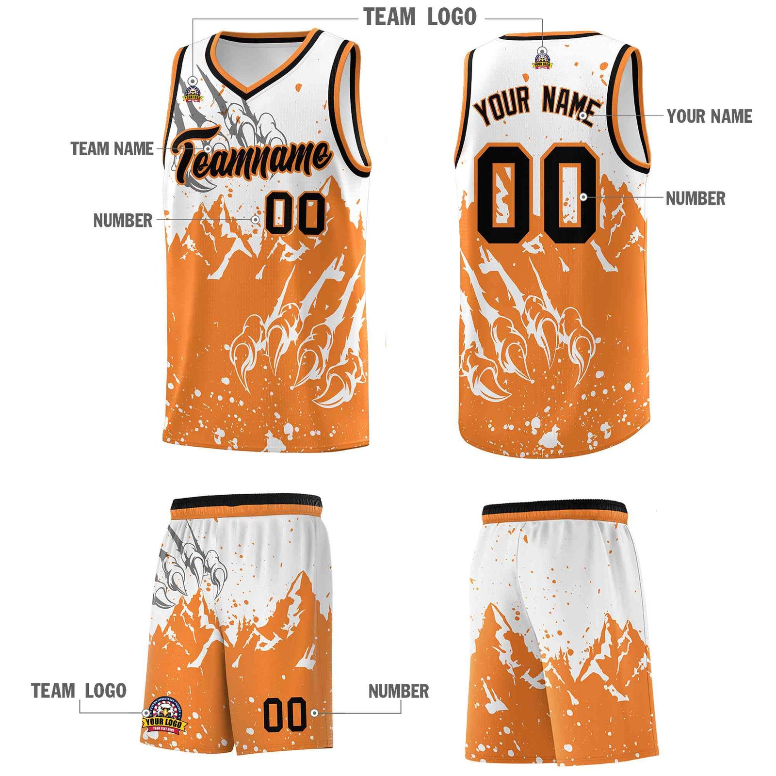 Custom White Gold Orange Snow Mountain Beast Pattern Sports Uniform Basketball Jersey
