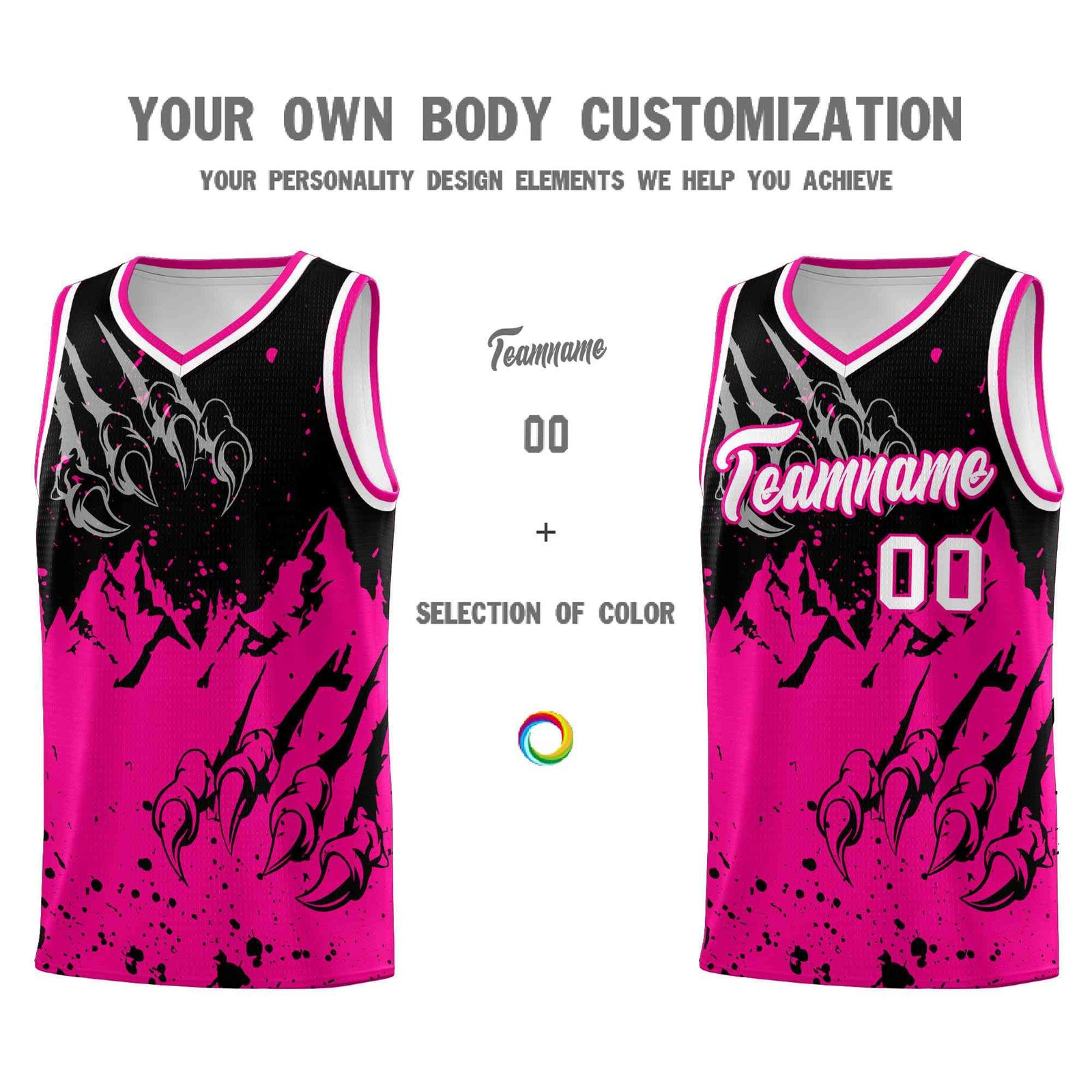 Custom Black Pink Snow Mountain Beast Pattern Sports Uniform Basketball Jersey