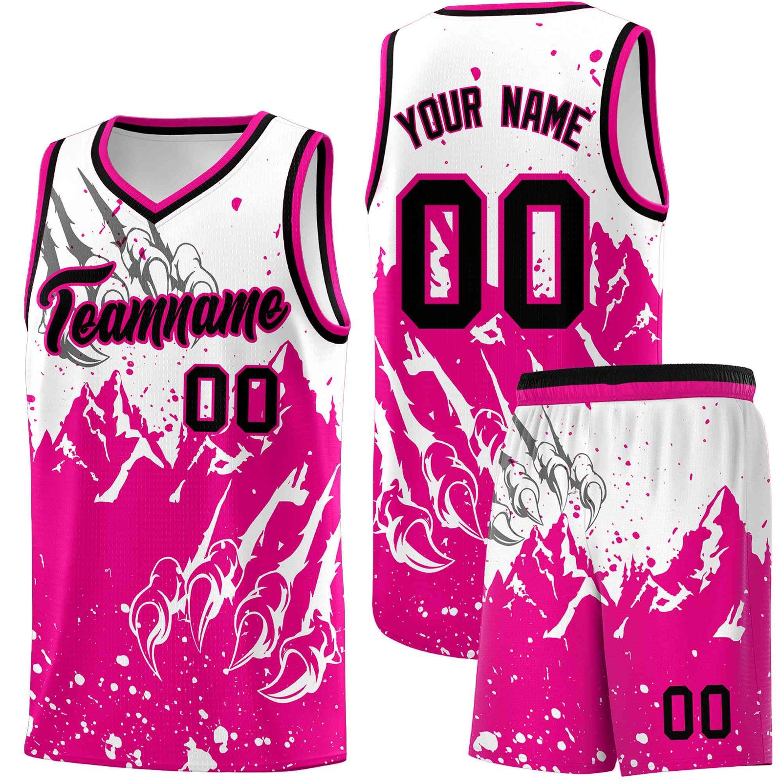Custom White Pink Snow Mountain Beast Pattern Sports Uniform Basketball Jersey