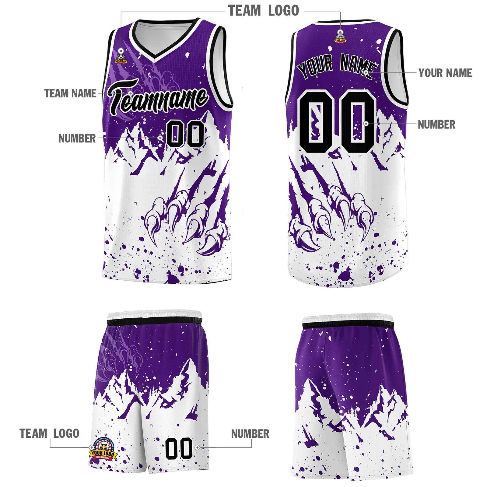 Custom Purple White Snow Mountain Beast Pattern Sports Uniform Basketball Jersey