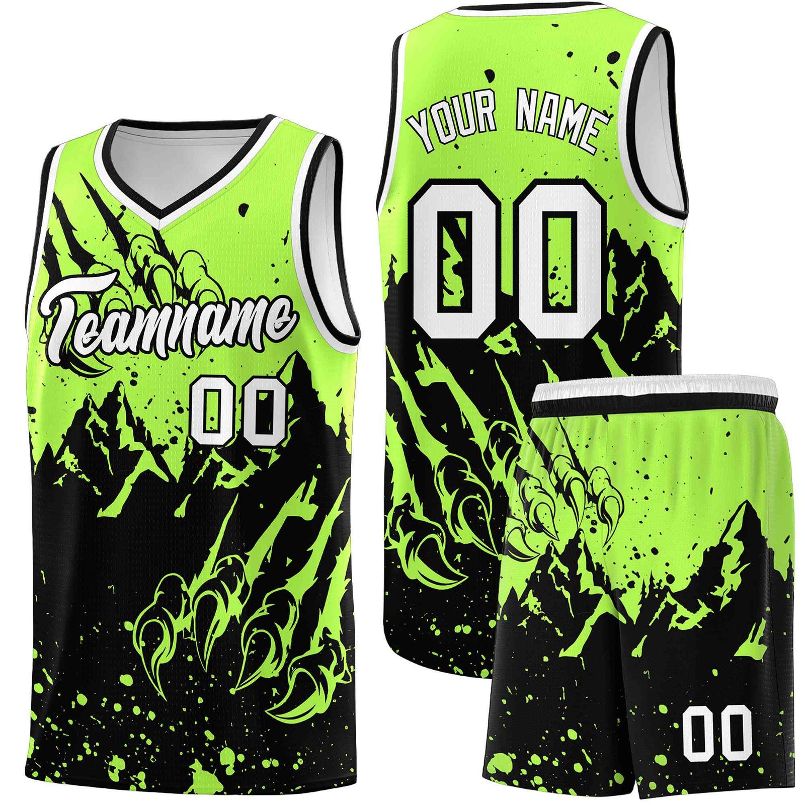 Custom Fluorescent Green Black Snow Mountain Beast Pattern Sports Uniform Basketball Jersey