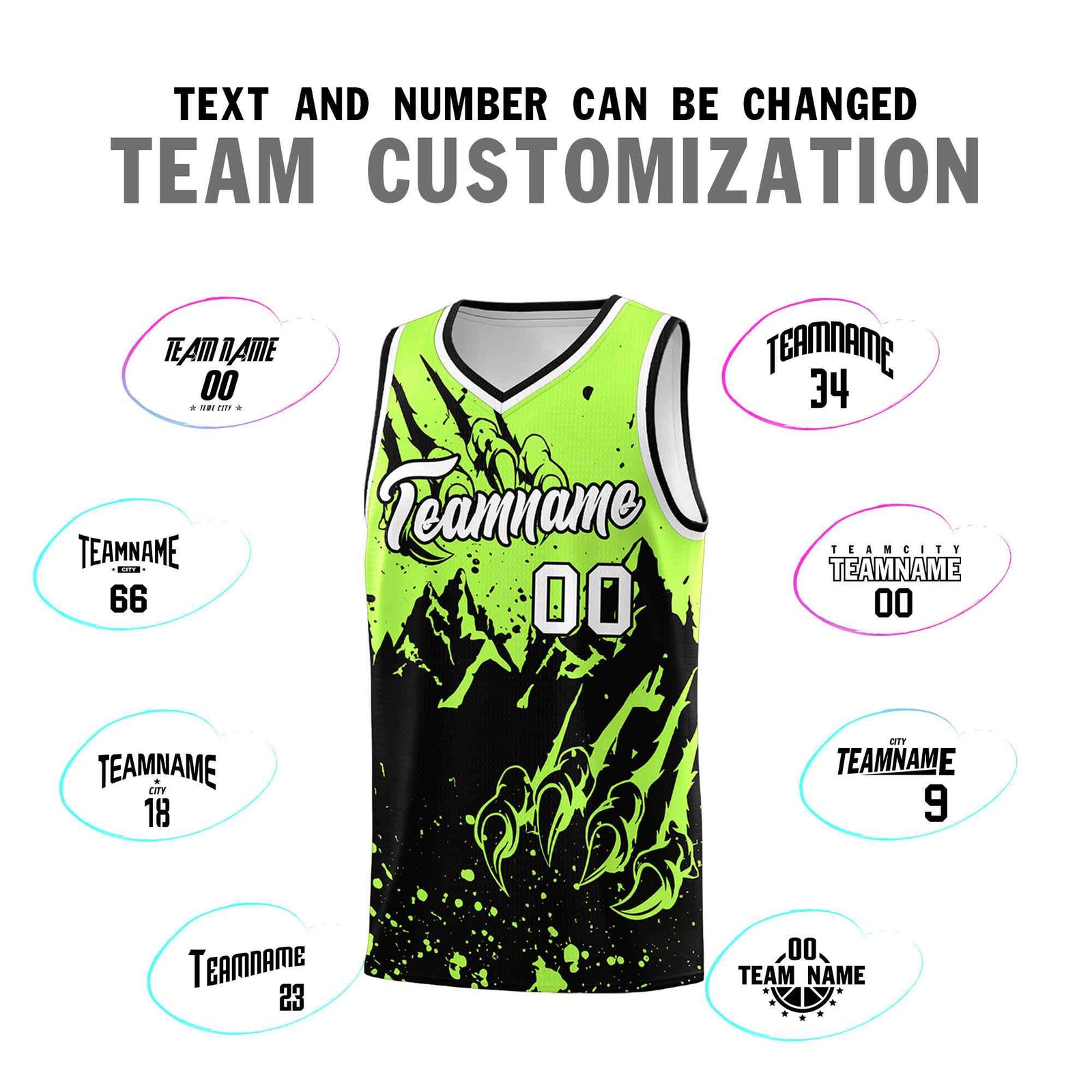 Custom Fluorescent Green Black Snow Mountain Beast Pattern Sports Uniform Basketball Jersey