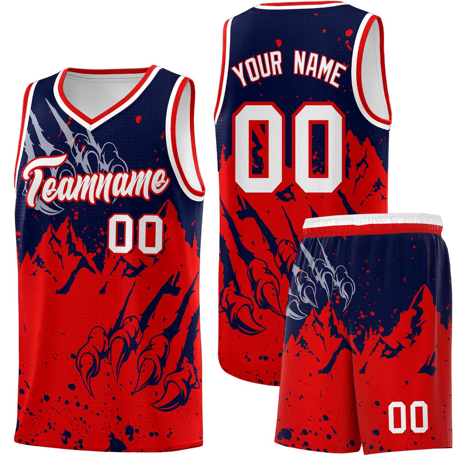Custom Navy Red Snow Mountain Beast Pattern Sports Uniform Basketball Jersey