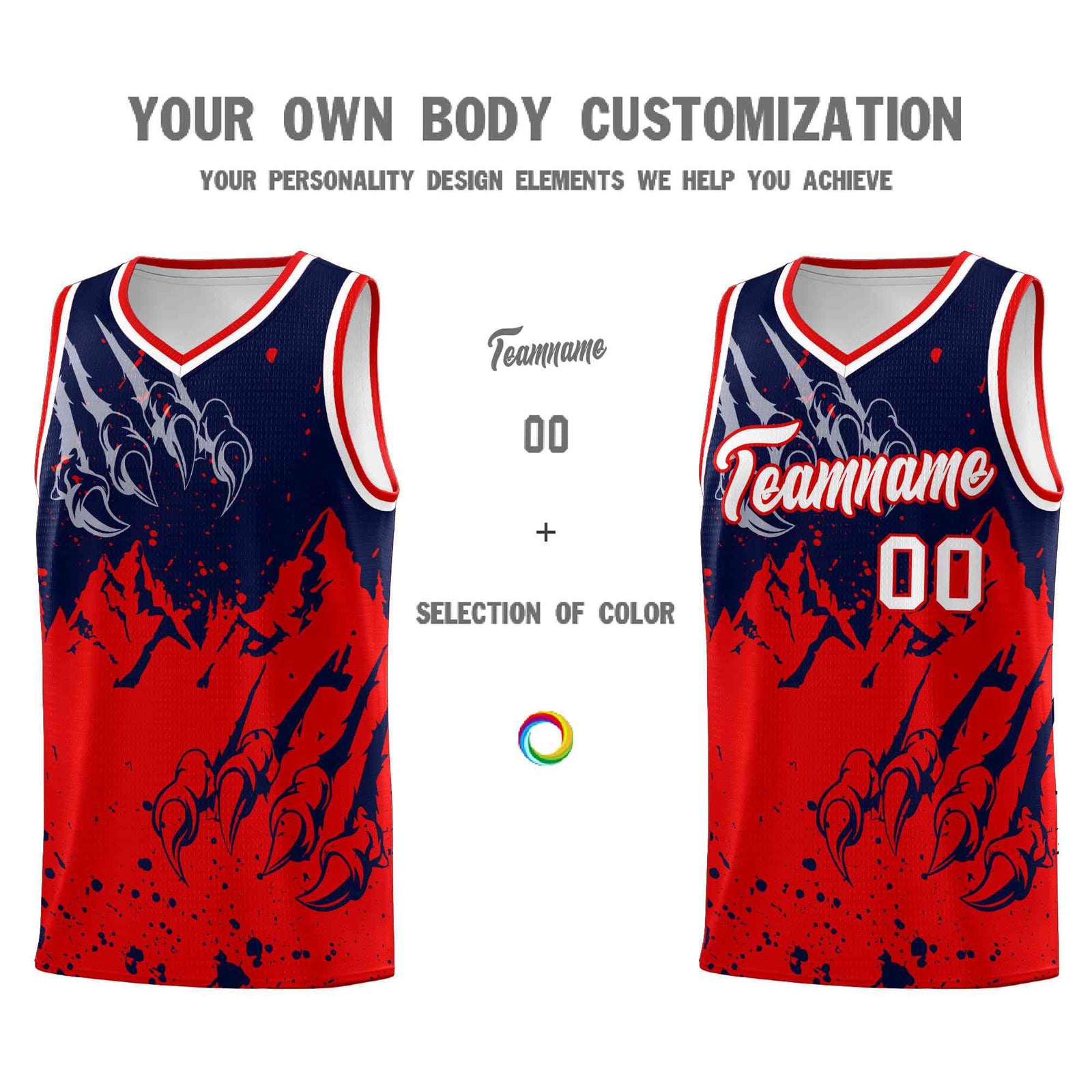 Custom Navy Red Snow Mountain Beast Pattern Sports Uniform Basketball Jersey